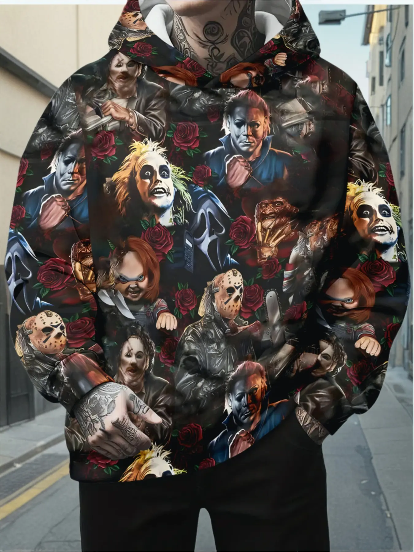 Rose Horror Character Collection Hoodie, 3D Digital Print Classic Villain Men'S Loose Fit Hooded Sweatshirt, Dark Trend Pullover