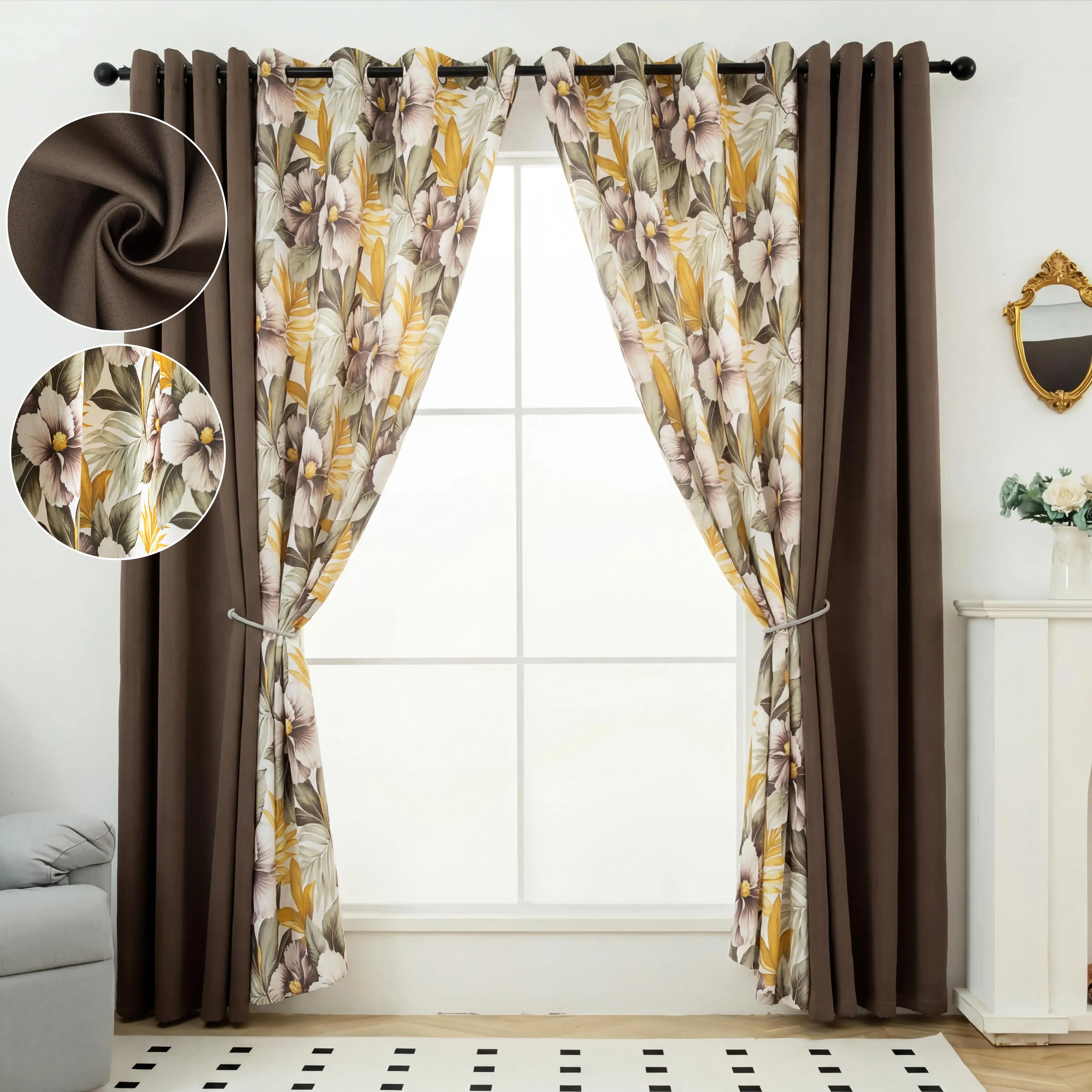 4-Panel 52"x84" Grommet Curtains Combo (2 Solid, 2 Printed Panels) – Thermal Insulated Soundproof Curtains for Bedroom, Living Room Decor, Decor for Living Room, Machine Washable QF222 & QF428, Warm Iron