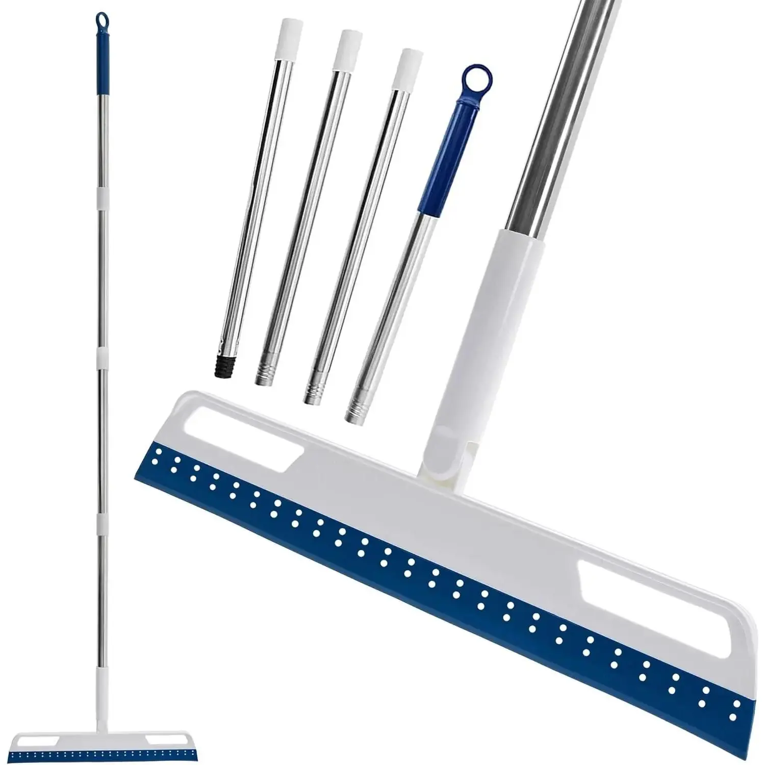 56" Long Handle 4-in-1 Labor-Saving Rubber Air Broom with Silicone Squeegee, Multifunctional Sweeper for Floor, Bathroom, Marble Cleaning of Pet Hair, Water, Foam (Blue), Labor-Saving Brooms