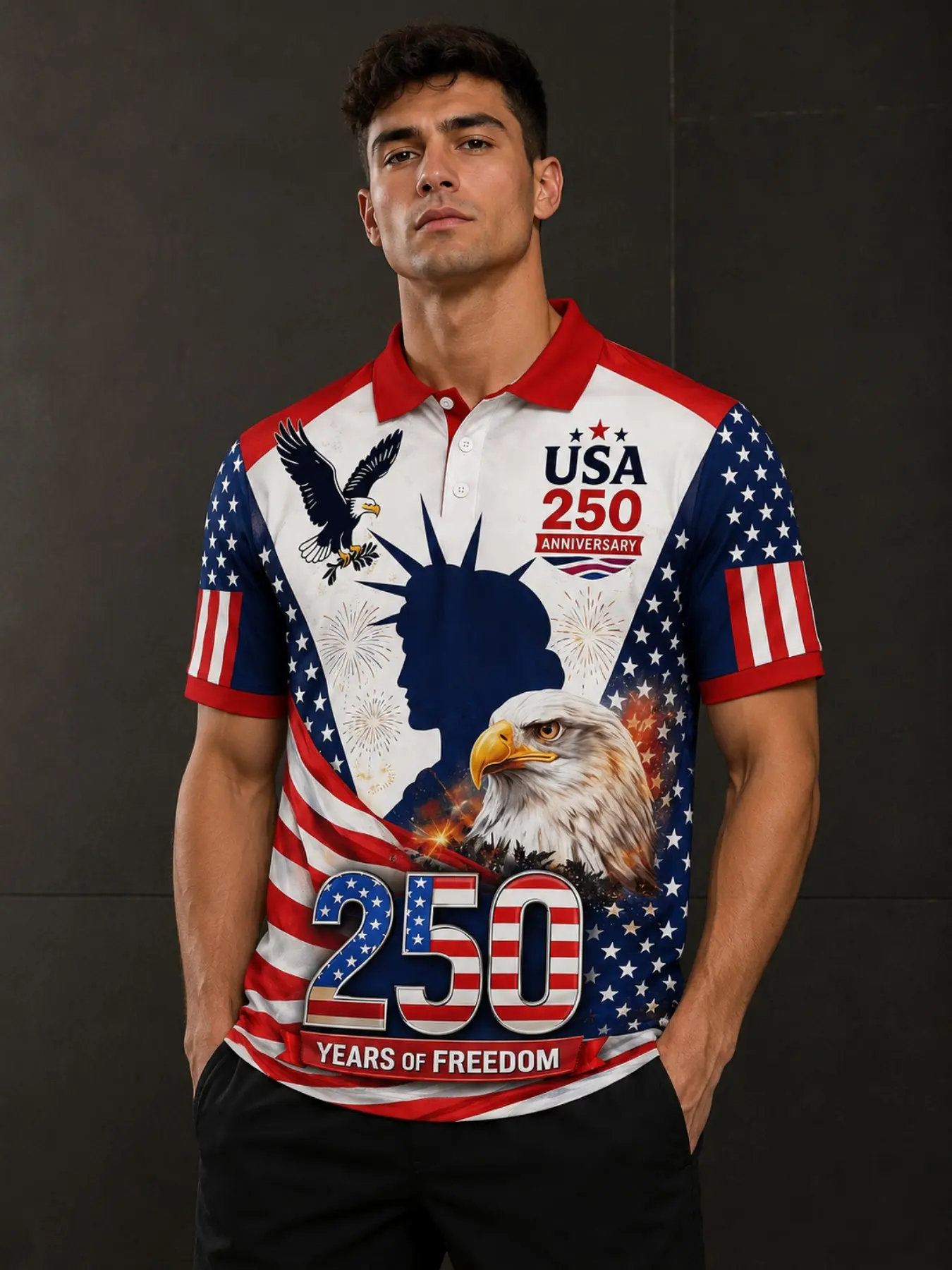 Men's Short Sleeve Polo Shirt, Usa 250th Anniversary Statue of Liberty Eagle Print, Perfect for American Independence Day Celebrations
