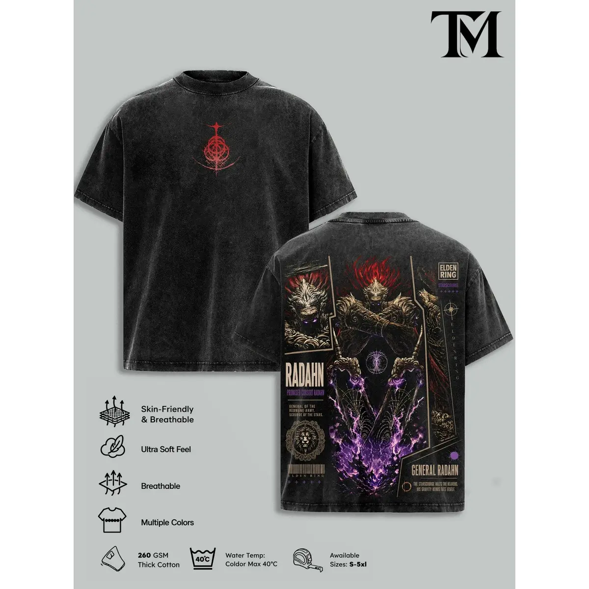 Men's Oversized Vintage Washed Heavyweight Cotton Round Neck Short Tops - 5 Elden Ring Prints (Ranni, Malenia, Radahn, Maliketh) Dark Fantasy Soulslike RPG Streetwear, FromSoftware Gamer Merch Gift for Fans, Menswear