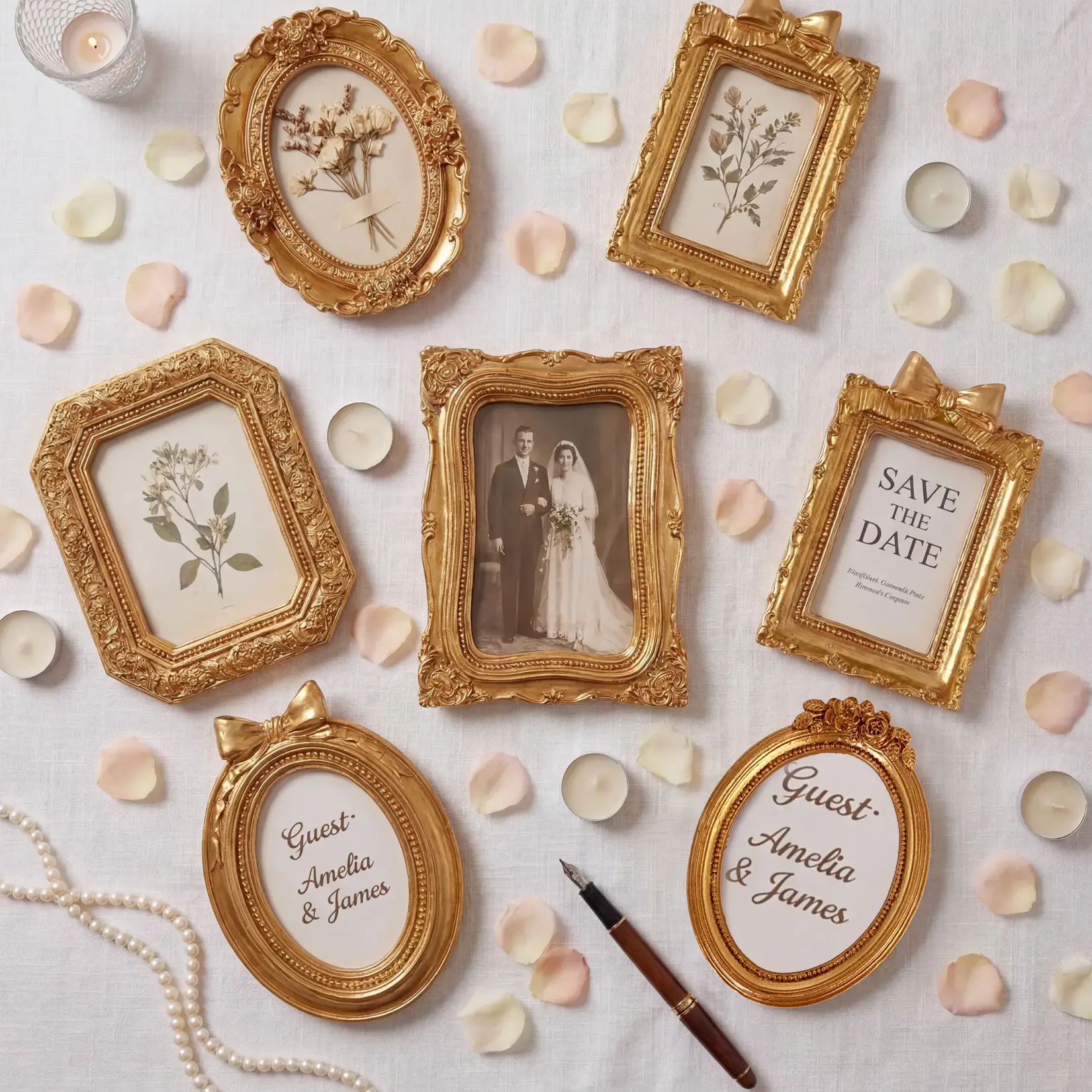 8PCS Vintage Gold Resin Ornate Victorian Picture Frames Set - Lightweight Traditional Tabletop Mount, Nostalgic Photos Display for Home Decoration, Wall Gallery Wall Set, Room Art