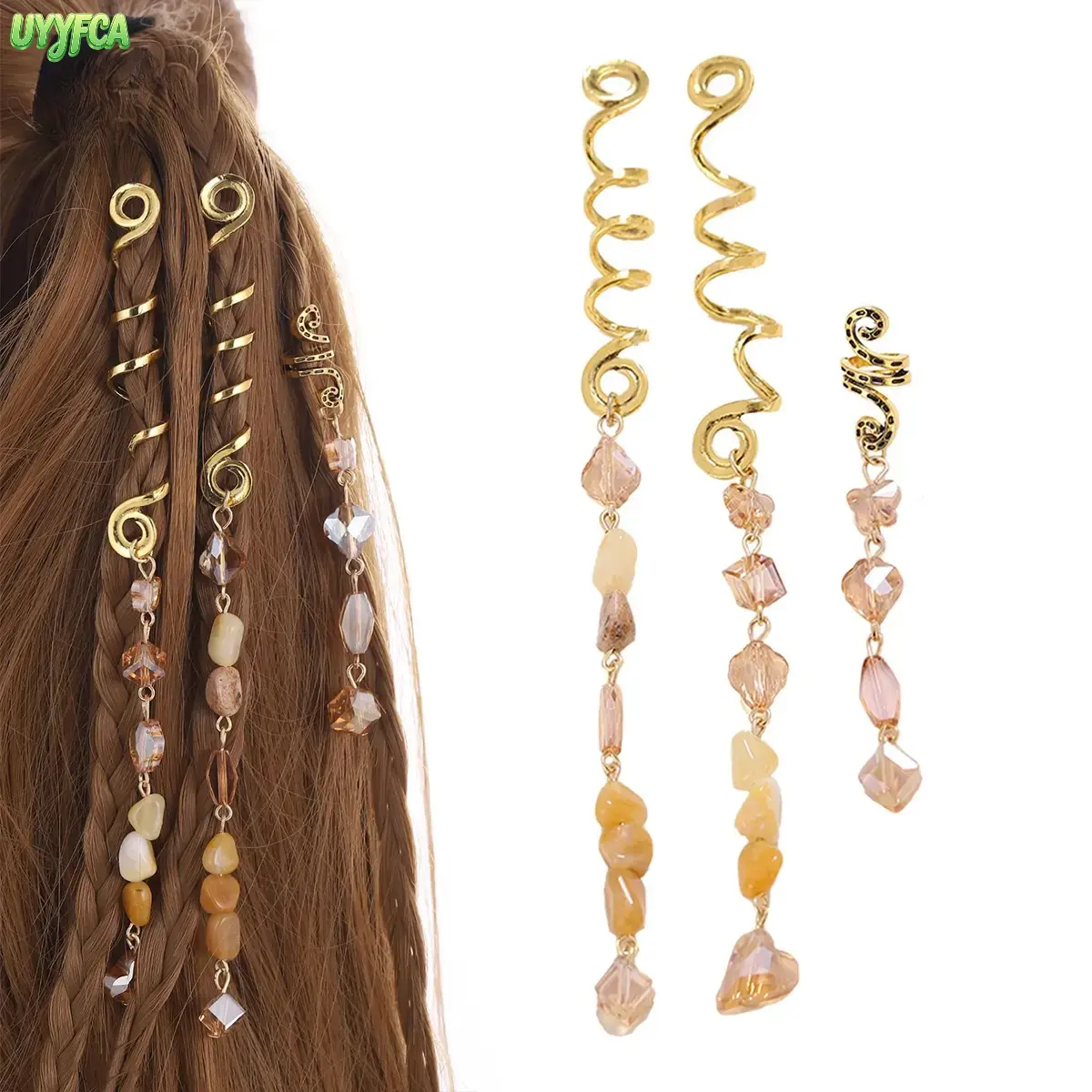 3 Pack Boho Spiral Snake Braid Hair Charms, Gold Tone Coils with Natural Stone and Faceted Crystal Dangling Pendants, Easy Twist In Hair Accessories for Braids and Dreadlocks, Bohemian Jewelry for Women Vacation Daily Hairstyling,blonde boho braids
