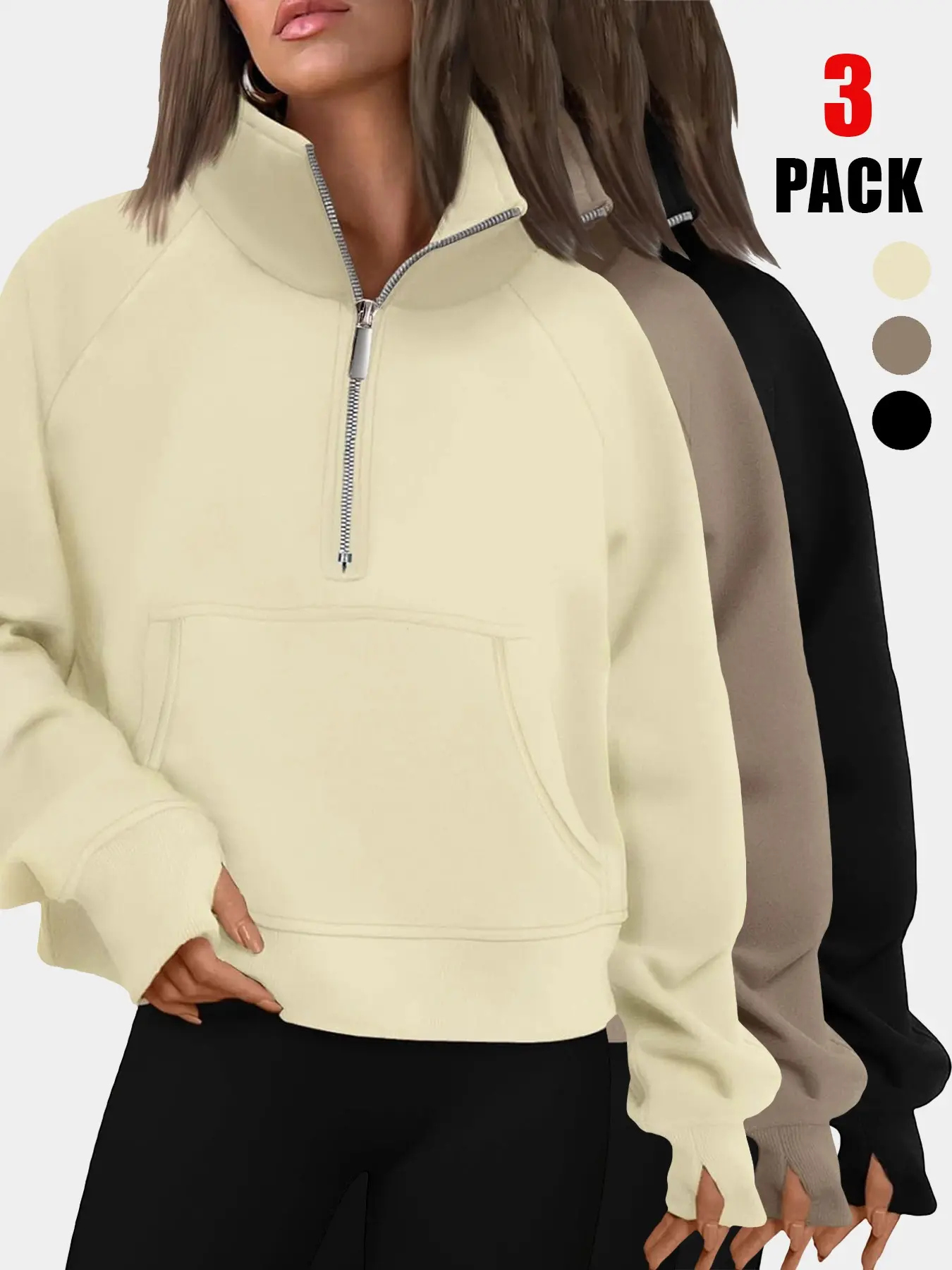 Women's Fall Winter Half Zip Cropped Sweatshirt, Stand Collar Pullover, Kangaroo Pocket, Thumb Holes, Cozy, Casual and Stylish