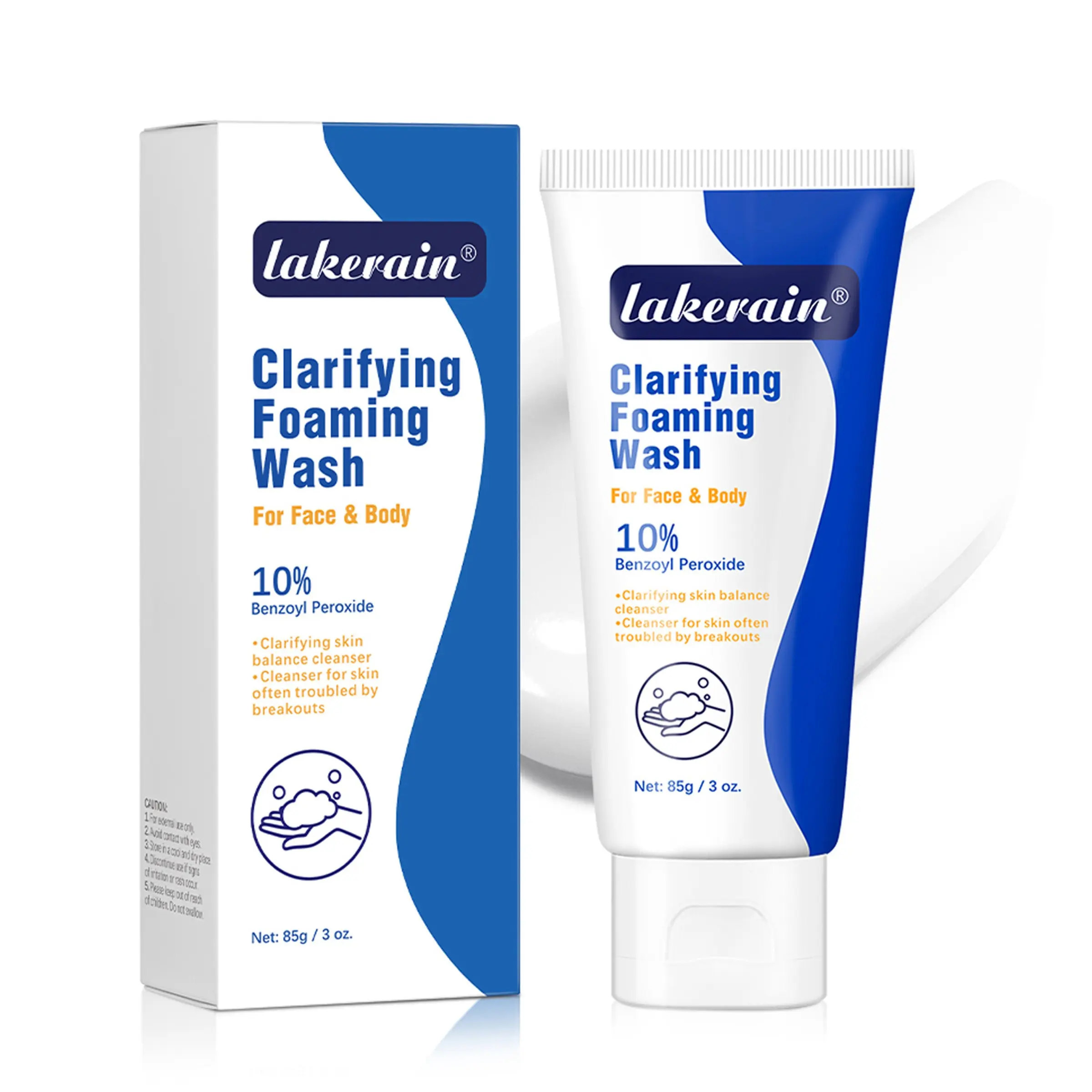 Lakerain 10% Benzoyl Peroxide Clarifying Foaming Wash, Gentle Low-Foam Facial Wash Acne Cleanser for Face and Body, Oil Control Pimple & Breakout Treatment Cleansing Wash Suitable for Men and Women, 80g