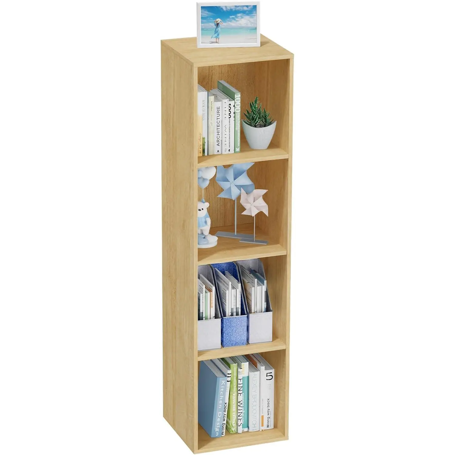 4 Tier Bookshelf, Freestanding Corner Storage Shelve Book Case for Narrow Space, 4 Cube Storage Organizer Small Bookcase for  Office Living Room (Oak, 4 Cube)