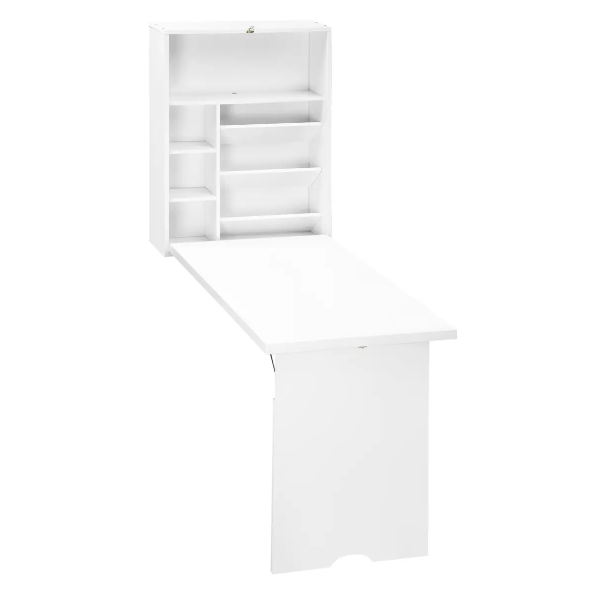White MDF Wall-Mount Modern Fold-Out Convertible Hanging Desk - Adjustable 37.00 x 23.50 x 58.75 in, 39.60 lbs Floating Office Desk with Storage Shelf for Home Office