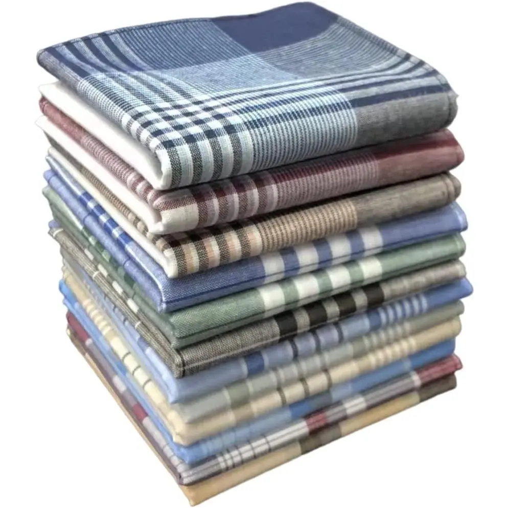 Men's Plaid 100% Soft Cotton Handkerchiefs Set, Square Casual Everyday Wear Fashion Accessories