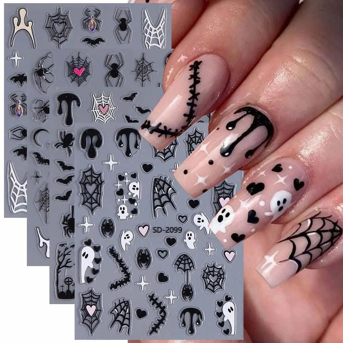 Hot Selling Self-Adhesive 3D Halloween Nail Decals 4 Pack, Horror Ghost Bat Spider Web Blood Design Nail Stickers, Easy DIY Salon-Quality Manicure Accessory, Versatile Festive Decor for Halloween Party Daily Holiday Makeup Looks