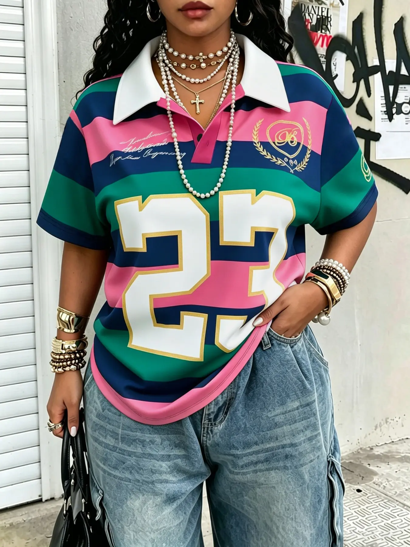 Women's Casual Street Fashion Streetwear Digital Print Short Sleeve Loose Baggy Oversized T-Shirt, Colorblock Striped Design, Soft Comfortable Breathable Polo Neck Summer Top