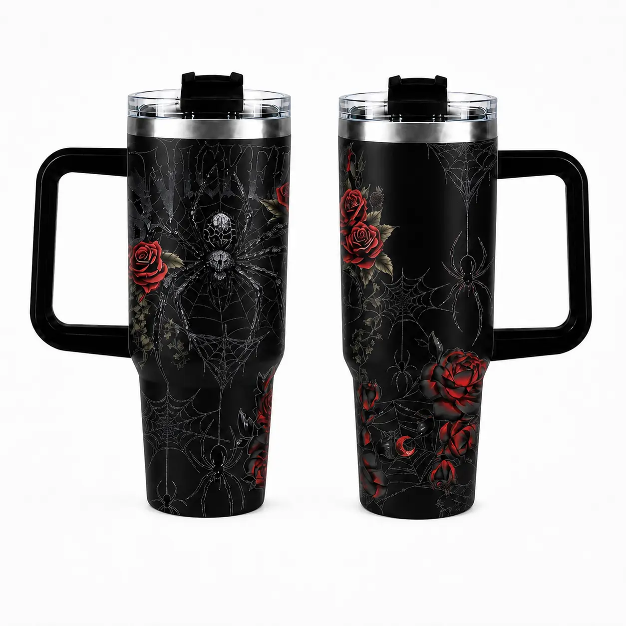 40oz Spider Web Black Rose Stainless Vacuum Flask Tumbler with Handle, Lid and Straw, Gothic Kitchenware Drinkware Gift for Her