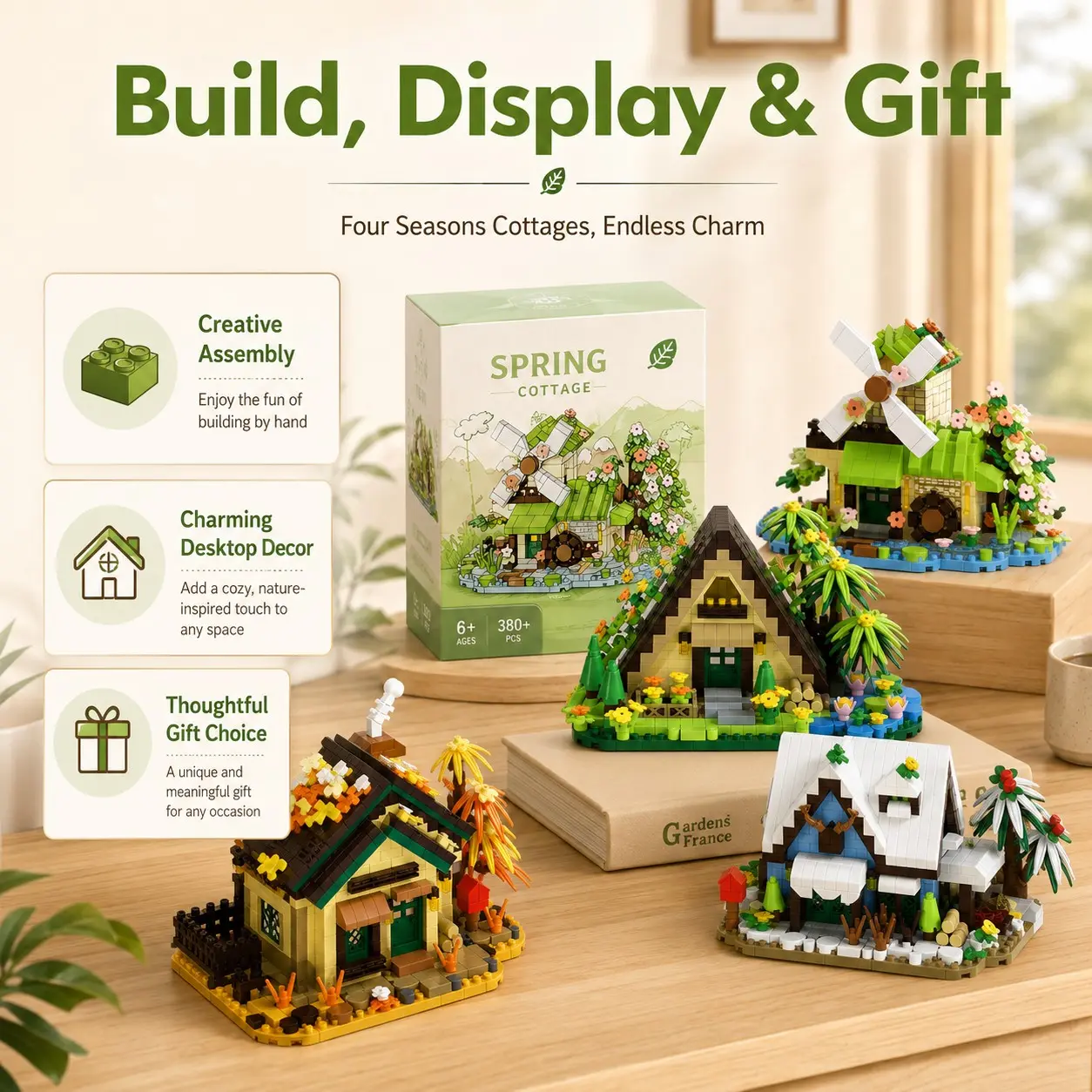4 pc Four Seasons Cottage Building Blocks, Building Block Set, Spring Summer Cabin Autumn House Winter Chalet, DIY Miniature Dollhouse Construction Toy, Room Decor Model, Christmas Gift for Family and Friends, Mini Brick Building Kit