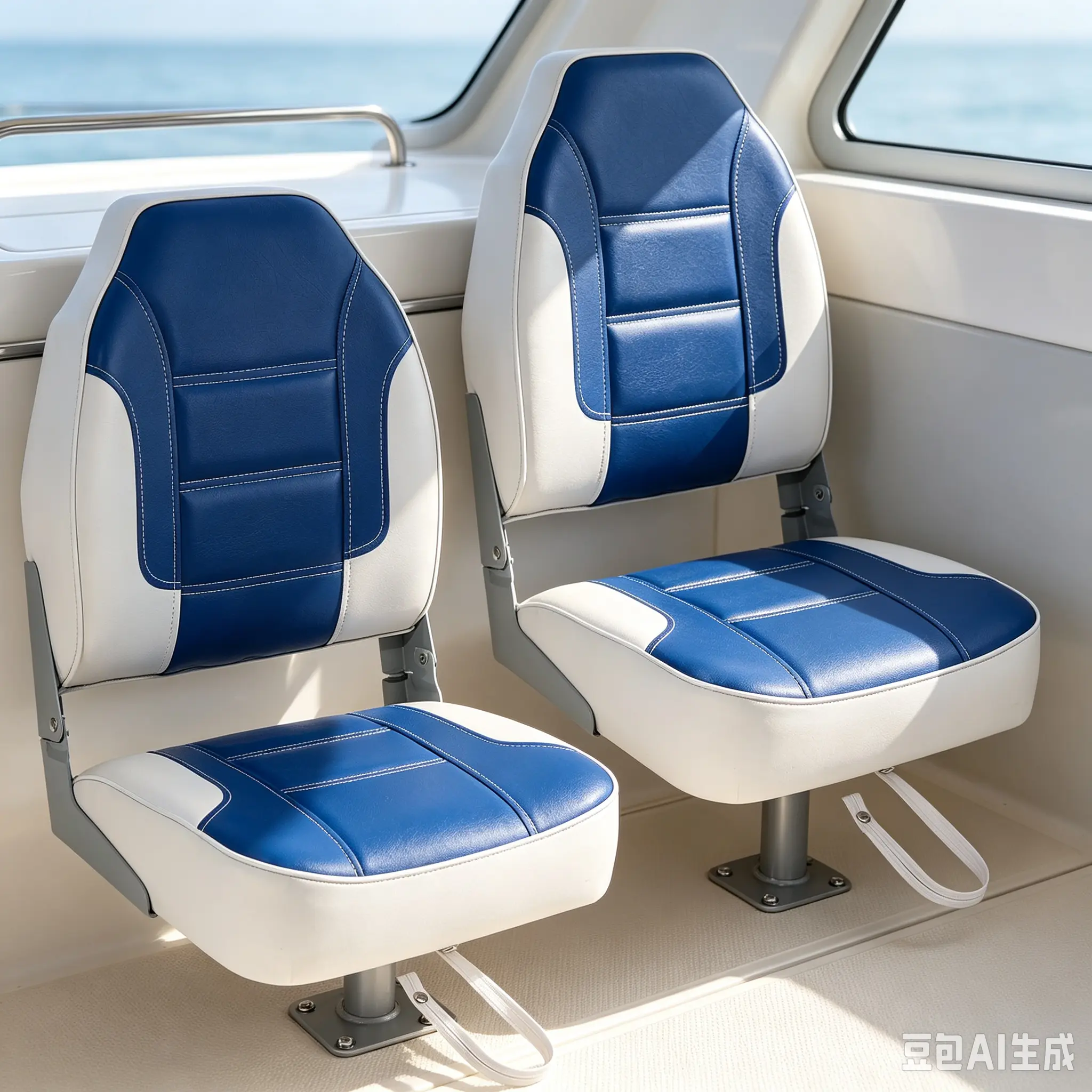 2 Pack High Back Folding Boat Seats Marine Grade Waterproof Vinyl Boat Chairs 4 Inch Thick Padding Ergonomic Captain Seating with Tie Down Strap Fits Universal 5x5 Bolt Pattern Royal Blue White