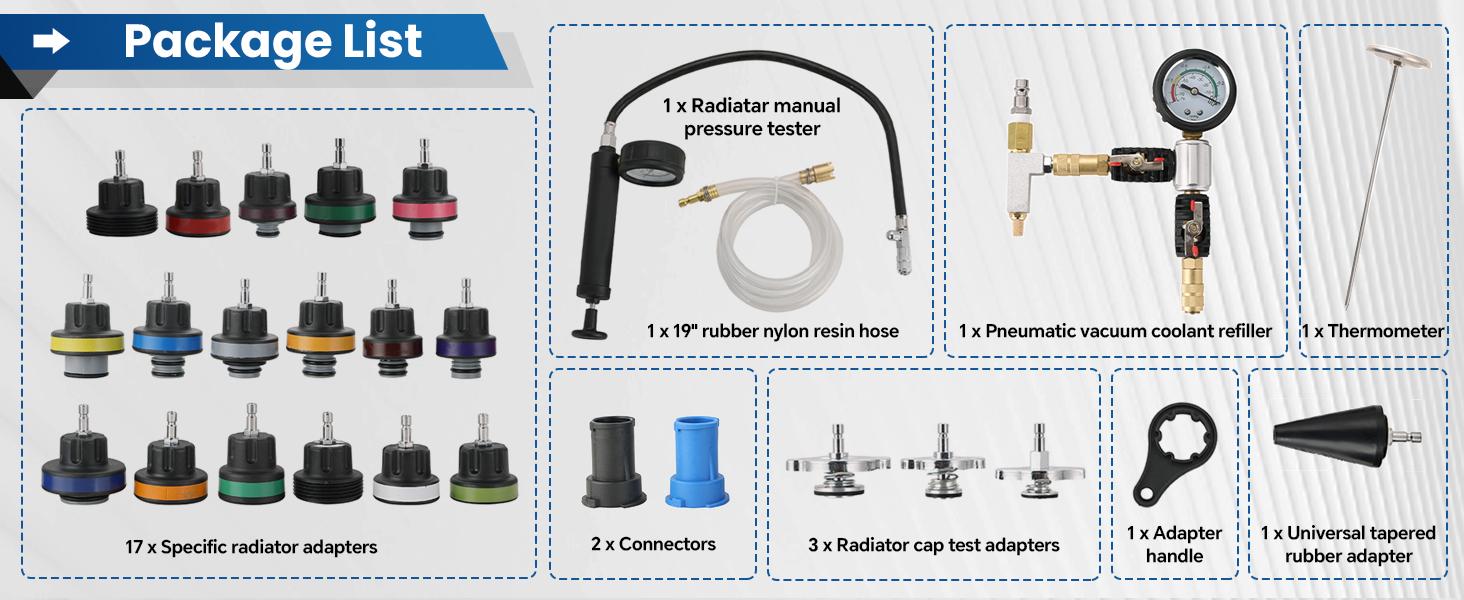 28pcs Radiator Pressure Tester Coolant Pressure Tester and Vacuum Refill Kit for Automotive Cooling System Tank Leakage Detection