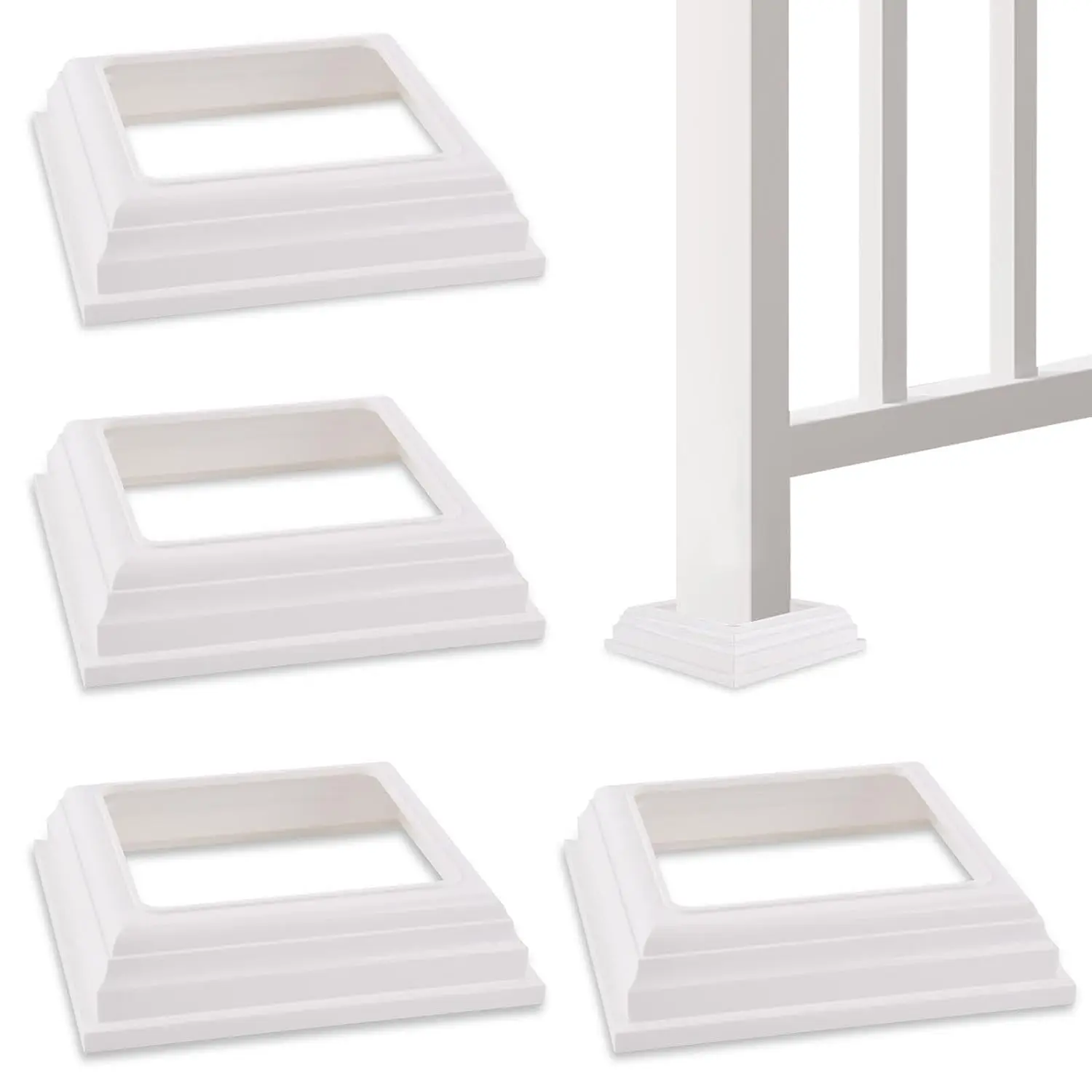 4x4 Vinyl Fence  Skirt Split Style  Sleeve PVC Base Cover | White,4Pcs Split Design for Direct Install,Two- Base Trim Ring Railing, Base Flaws Well, for Deck Porch Stair