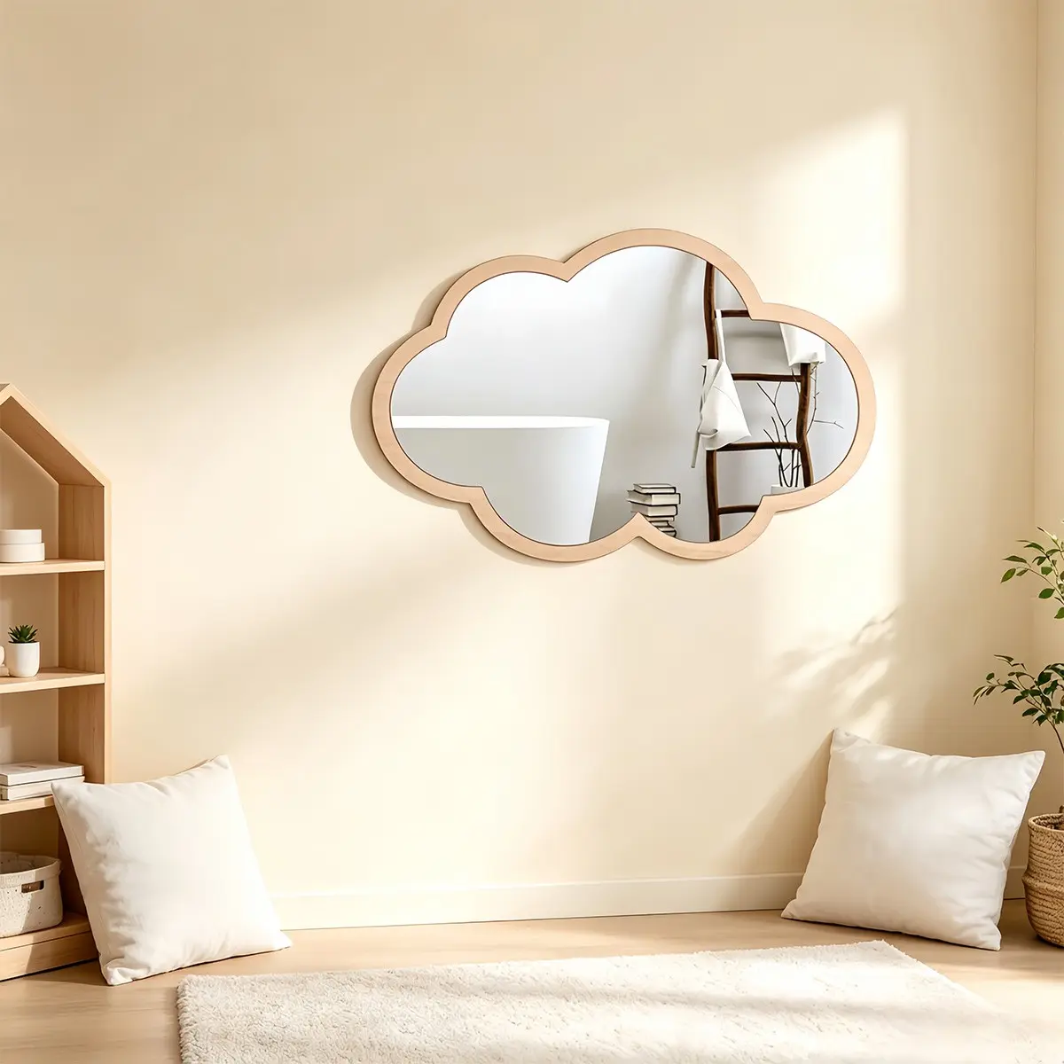 1pc Cloud Shape Wooden ＆ Acrylic Double Layer Mirror Wall Sticker, Decorative Mirror, Entryway Makeup Mirror, Vanity Mirror, Removable Wall Art Decals for Home Living Room Bathroom Office Dormitory Decor, DIY Crafts, Dorm Mirror Wall Stickers, Home Decor