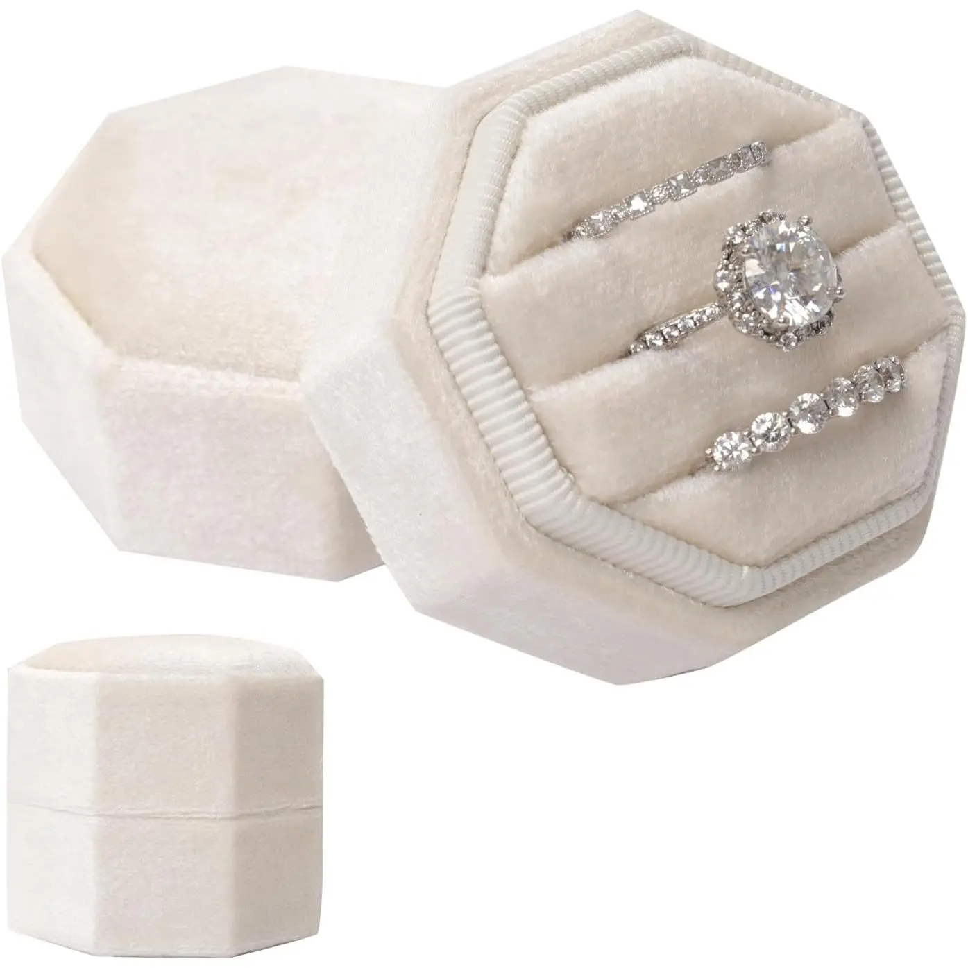 3 Slots  Ring Box  Octagon Ring Display Holder   Gorgeous Case with Detachable Lid for Wedding Engagement Proposal  Ceremony (Beige)