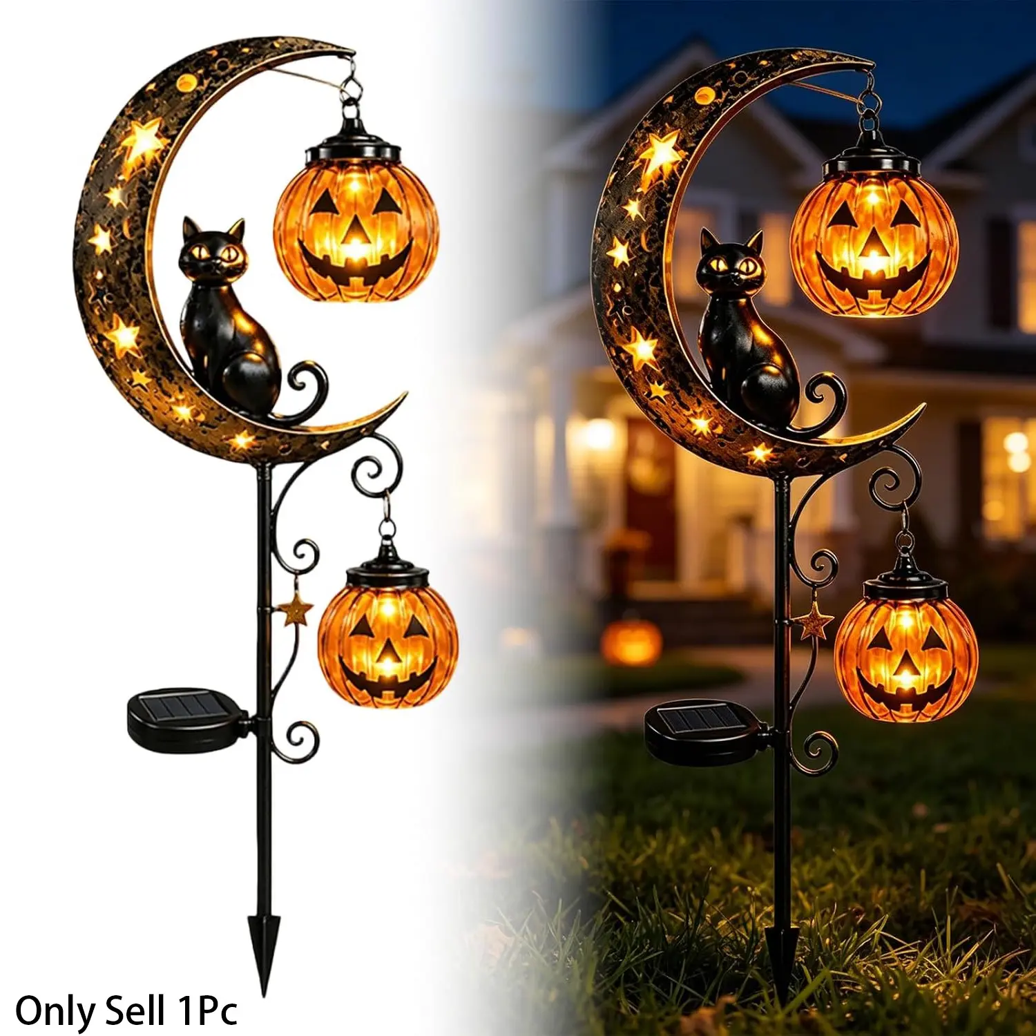 Solar Halloween Cat and Pumpkin Moon Garden Stake Light, Waterproof Metal Outdoor Decor, Automatic Switch, Fall Festival Lawn Pathway Lantern, Outdoor Decorative Lights