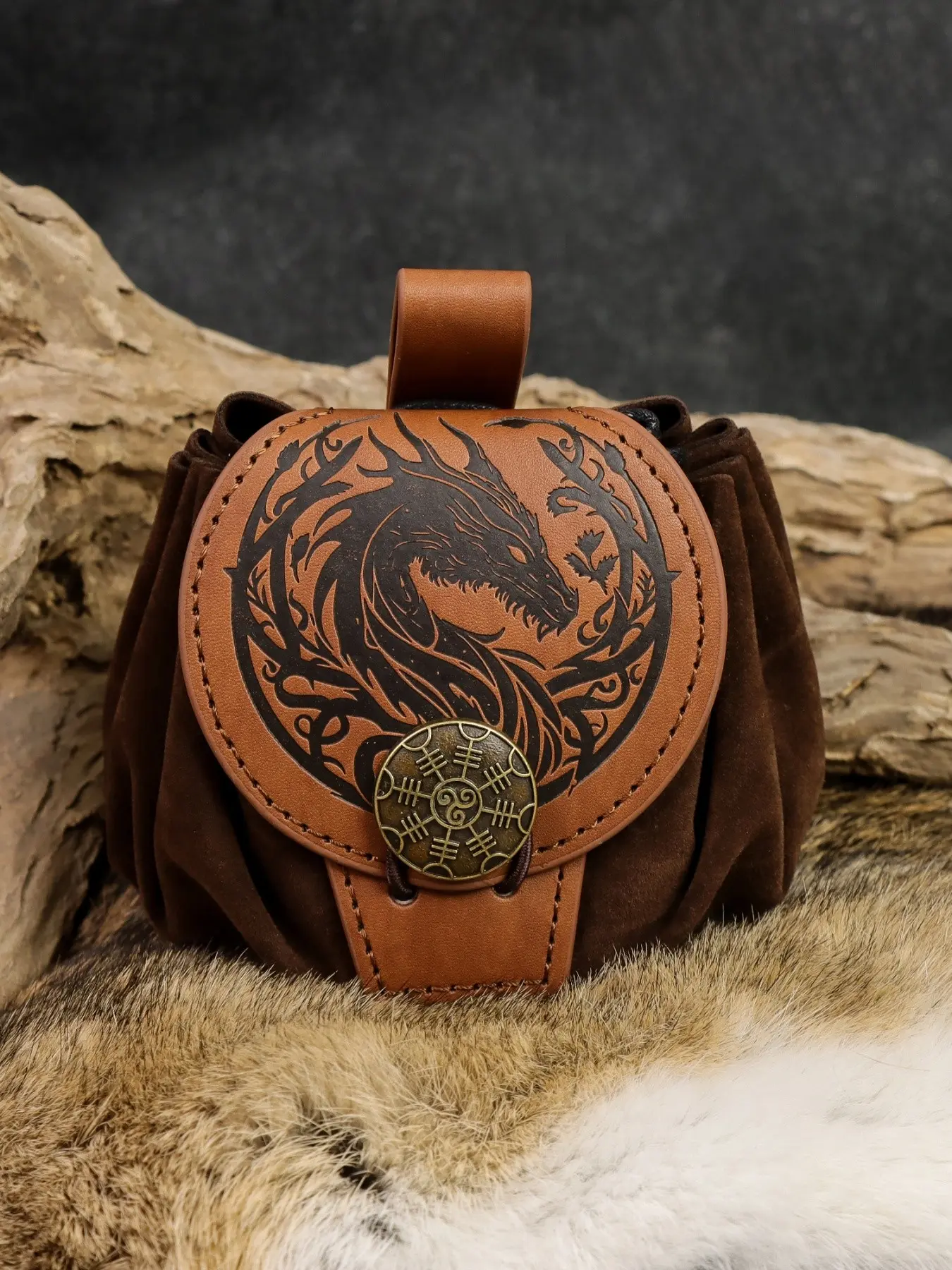 Medieval Dragon PU Leather Waist Bag, Viking Vegvisir Drawstring Pouch, Dice Coin Accessory Holder, Fantasy Renaissance Belt Pack, Fashion Waist Packs, Pouch Bags