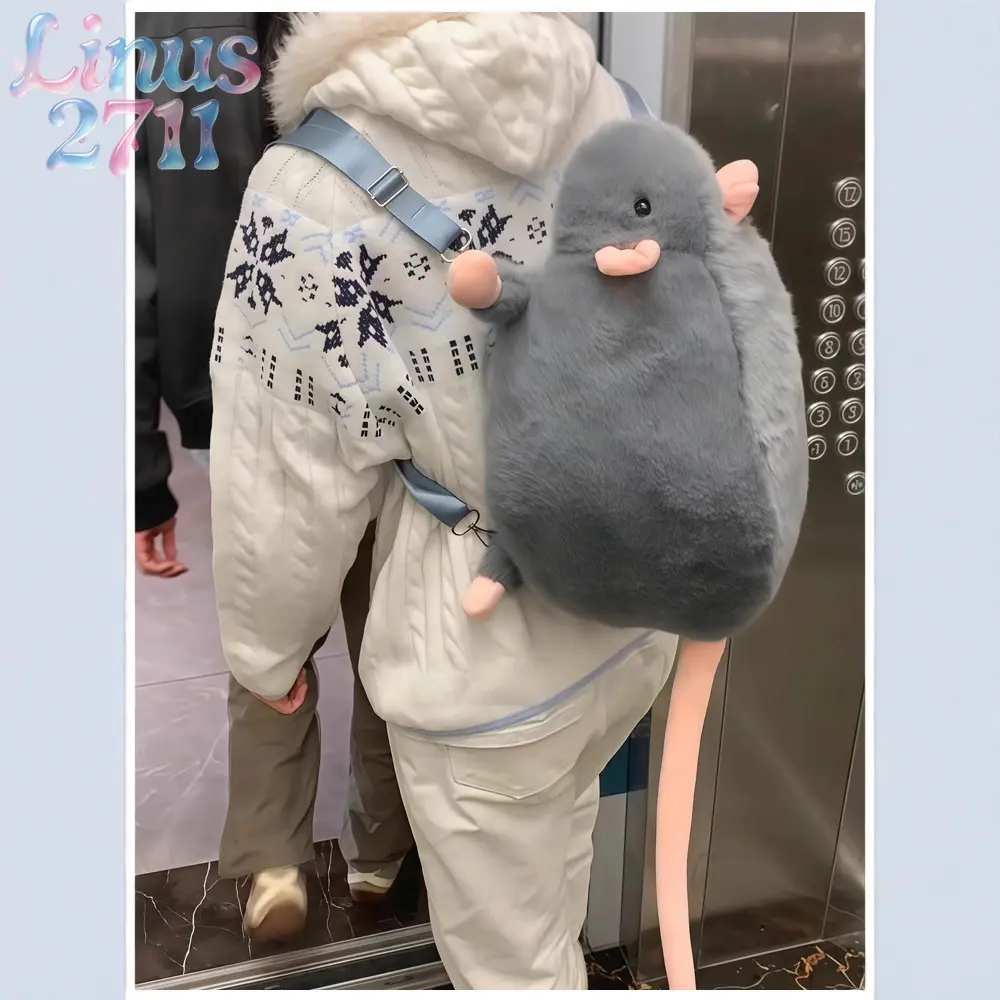 Ugly Cute Chinchilla Rat Plush Backpack Fluffy Gray Mouse Doll Bag Long Pink Tail Adjustable Strap Large Capacity Student School Bag Teen Girls Novelty Daily Accessory Gift