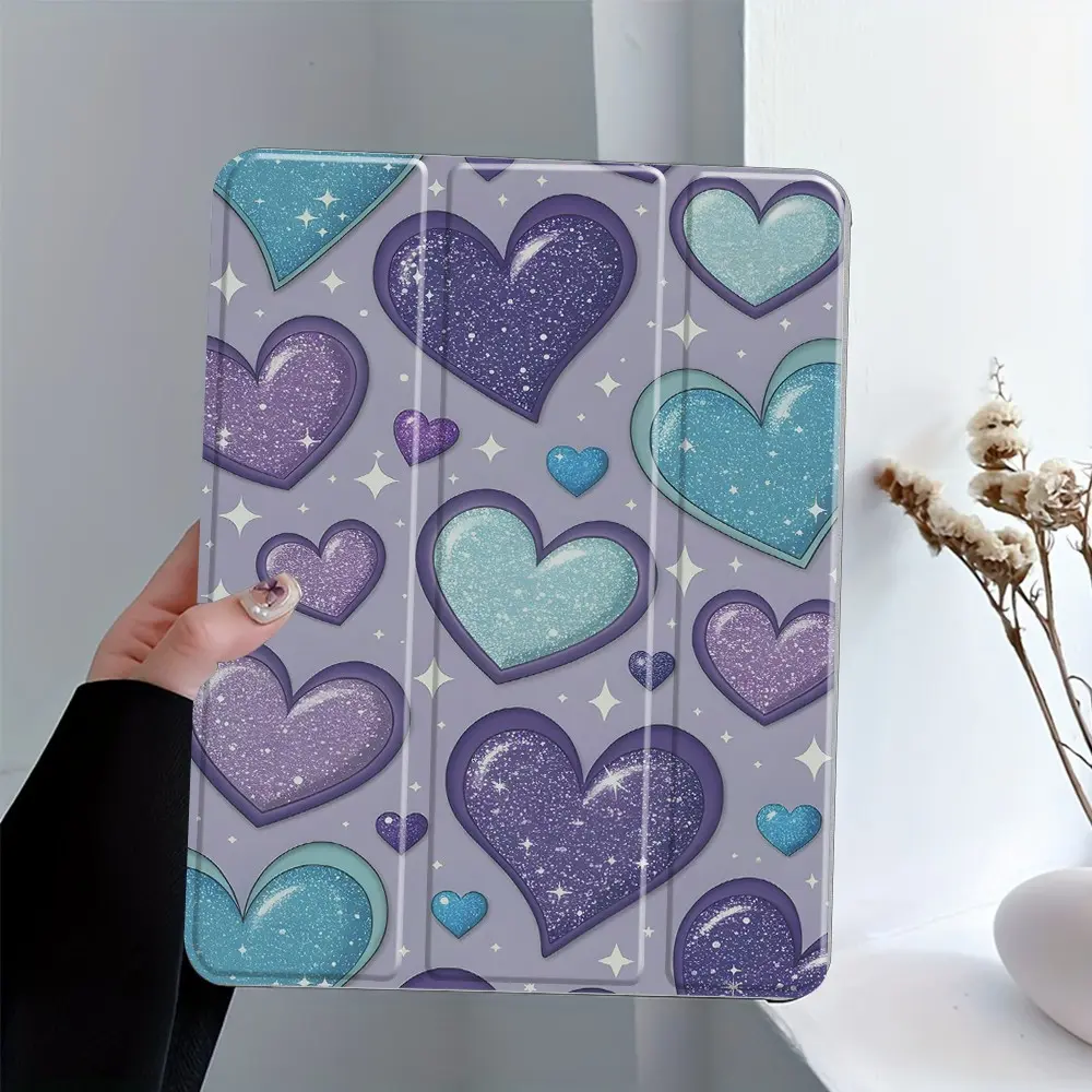 Y2K Kawaii Glitter Purple Turquoise Heart Tri-Fold Stand Tablet Case for iPad, Transparent Acrylic Hard Back,Pencil and Charger Slots, Ultra-Thin Scratch-Resistant Design for iPad 10.2inch, Mini, Pro, Air, Ideal for Work and School