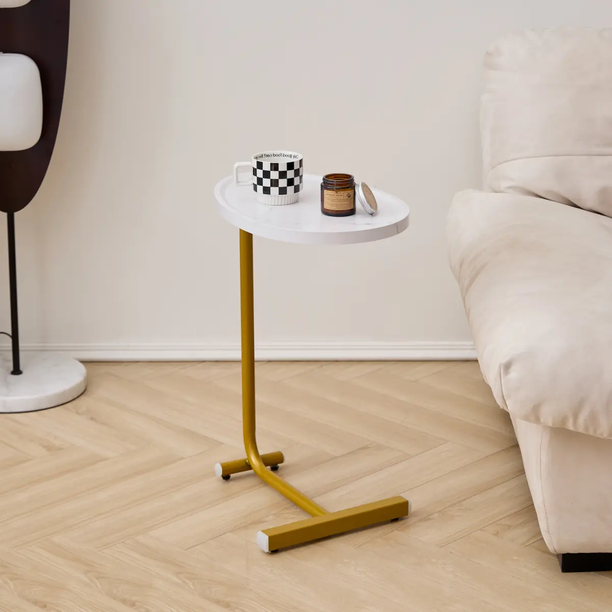 Fahuac White C-Shaped MDF + Metal Side Table - Indoor Living Room/Bedroom Sliding Under Couch Table with Steel Frame, Tabletop Size, 50 lbs Capacity, Adjustable, Space-Saving Furniture, Easy Setup, Assembly Tools & Detailed Instructions