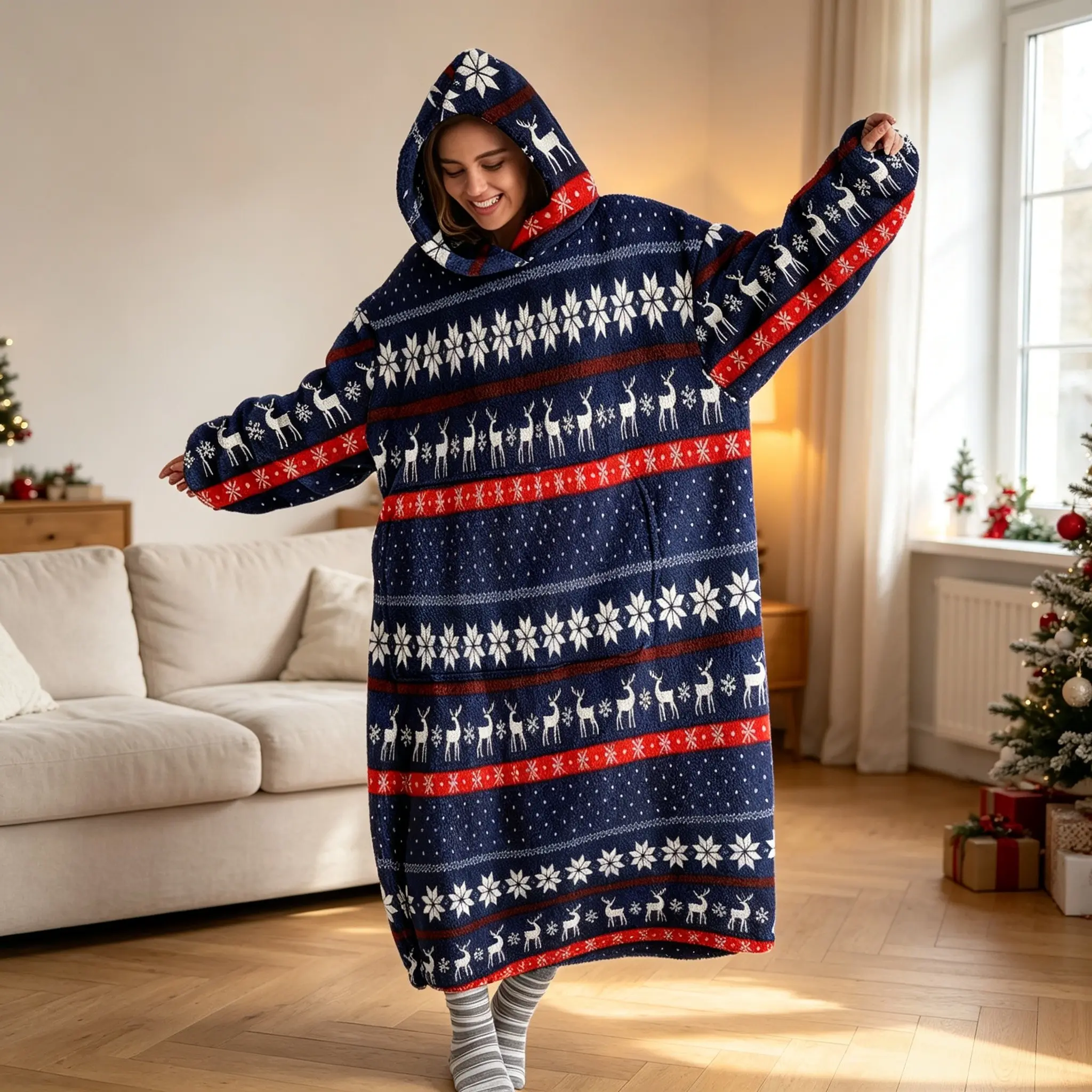 Christmas Reindeer Striped Hooded Wearable Blanket, Vintage Nordic Style, Breathable Flannel, Lightweight Warm, Versatile Daily Use