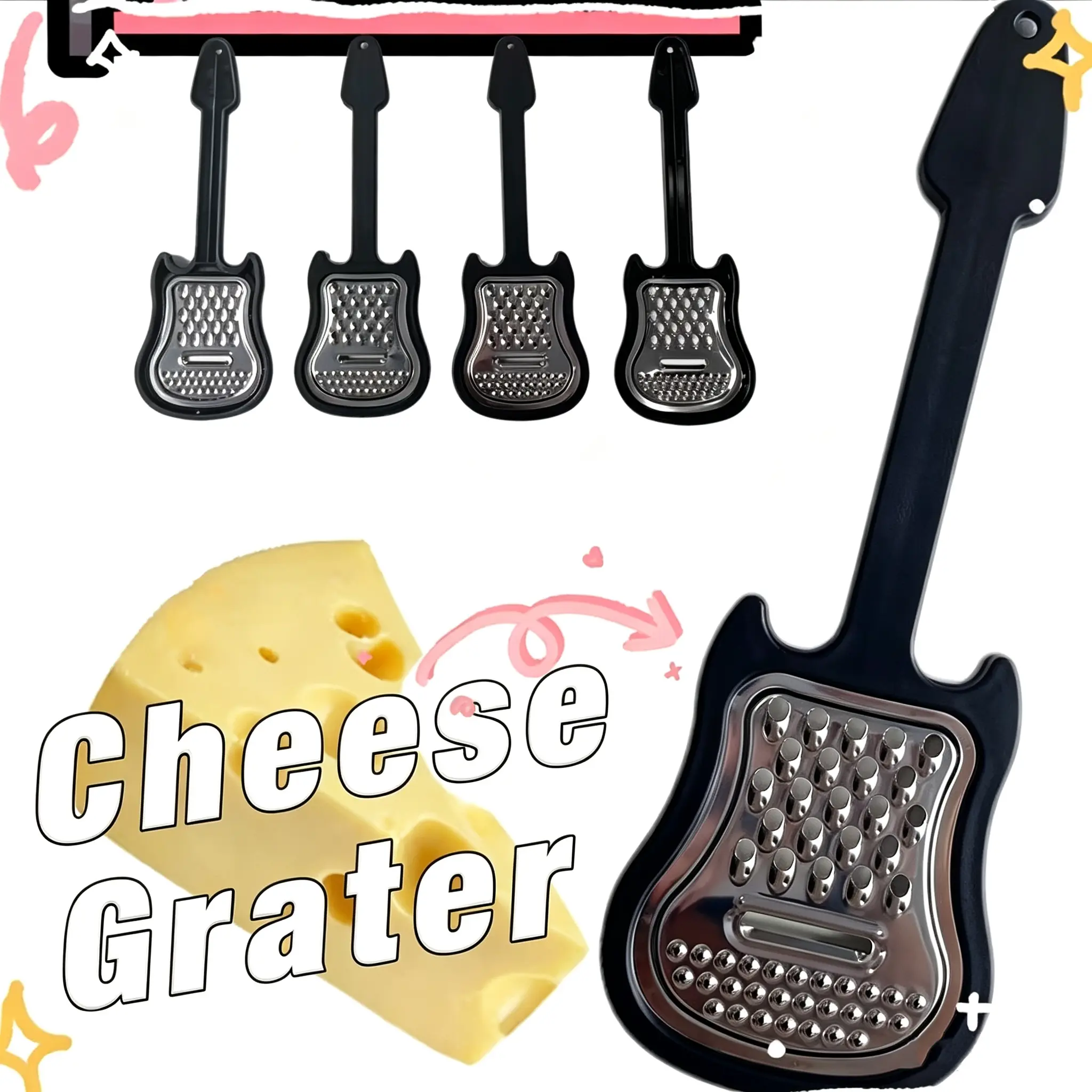 5 Pcs Guitar-Shaped Food Grater, Black Cheese Grater, Stainless Steel Cheese Grater, Handheld Kitchen Grater, Kitchen Food Grater. Suitable for Hard Parmesan Cheese, Soft Cheddar Cheese, Vegetables, Fruits, Butter, and Chocolate, Creative Kitchen Gadget.