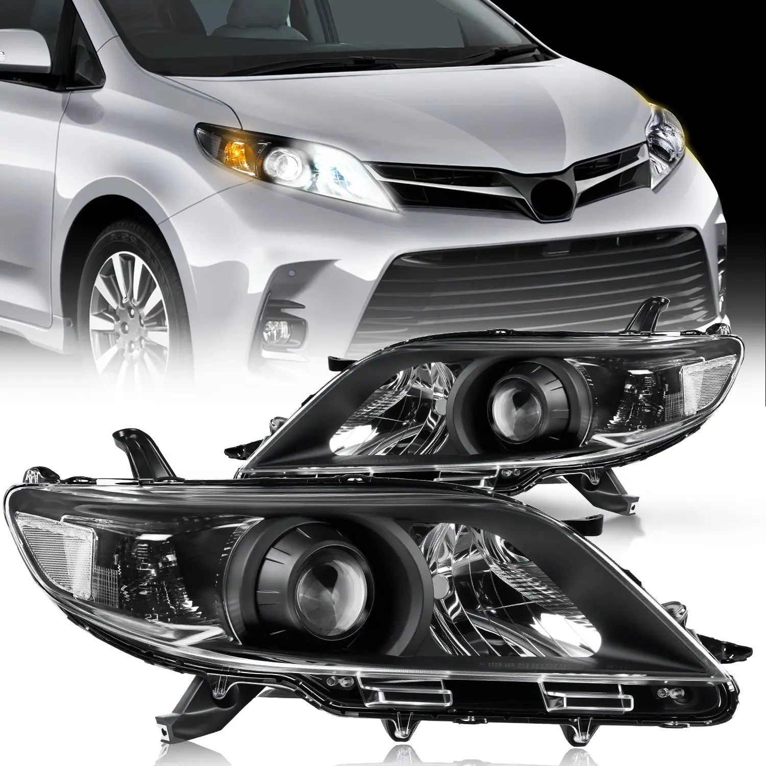 Nilight Headlight Assembly Compatible with 2011 2012 2013 2014 2015 2016 2017 2018 2019 2020 Toyota Sienna Black Housing Clear Reflector Clear Lens Headlights Replacement