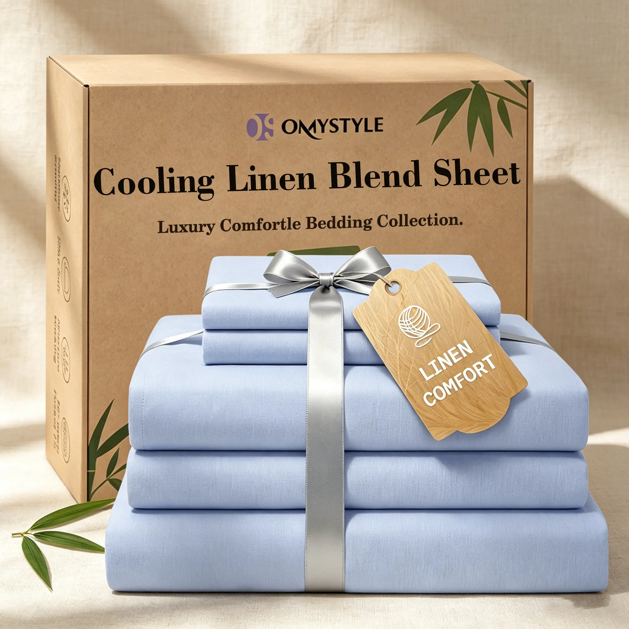 OS OMYSTYLE 4PCS Linen Blend Bed Sheet Set - 2000TC Cooling Bed Sheets - Light Blue, Breathable & Skin-Friendly, Super Soft, Cooling - Moisture Wicking Sheets Set, Perfect Gift For Cooling Sleep -T/F/Q/K