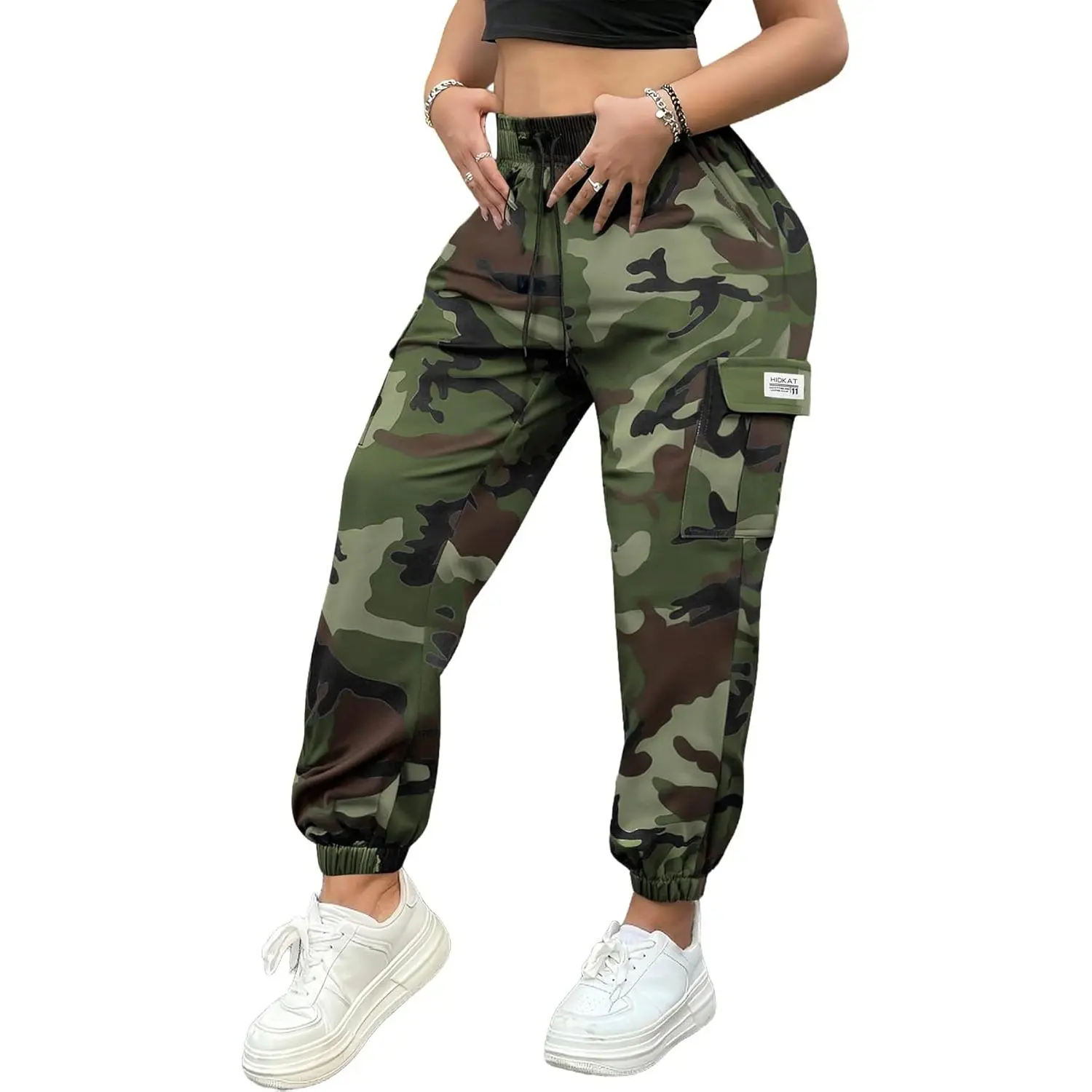 Women's Full Length Camo Pattern Nylon Blend Cargo Joggers - Lightweight, Quick-Dry, Breathable Utility Trousers with High Elastic Waist, Multiple Pockets, Tapered Design for Female Running, Casual Wear, Outdoor Hike, Tapered Fit, Camo Print Joggers, Casu