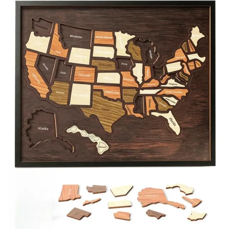Wooden USA Travel Map Puzzle, United States Journey Tracker Maps Pin Board for Traveling with Elements Sticker, Couple Family Art Home Decor, Daily Travel Tracker Marking Gifts, Wood Puzzles