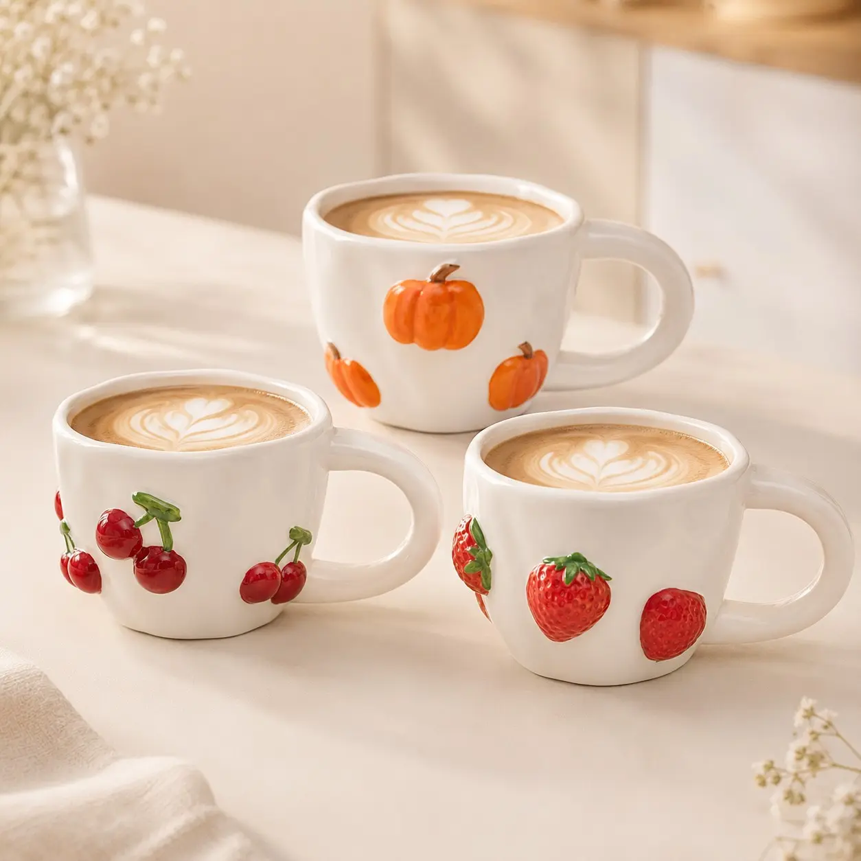 Creative Ceramic Coffee Mug 400ML, 3D Fruit Design Pumpkin Cherry Strawberry, Home Breakfast Cup, Gift Cup, fun ceramic mug, Unique Kitchenware