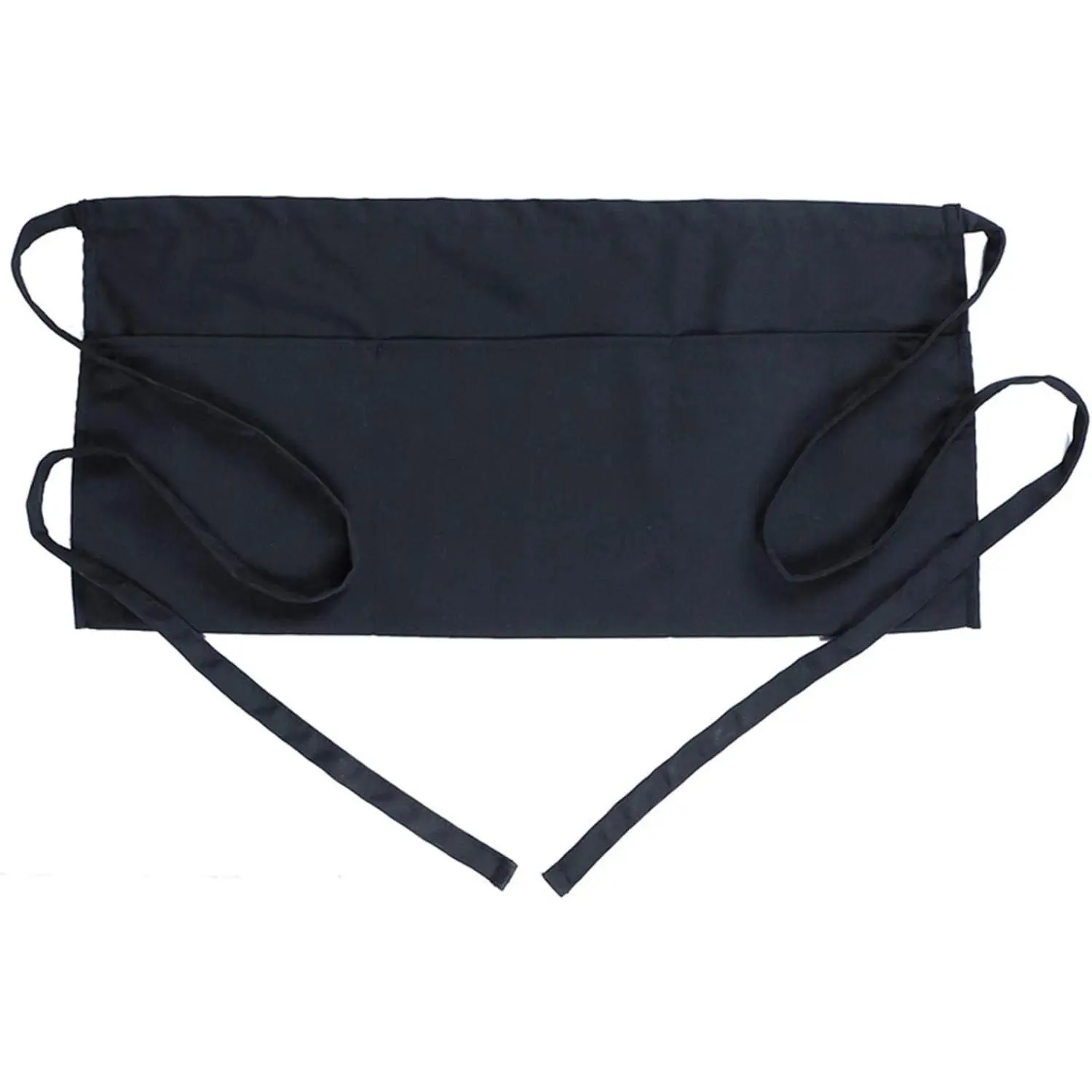 Waitress-Waiter Service Workwear Waist Apron - Black Soft Cotton Check Fabric, 3-Pocket Tie-Closure Waterproof Wrap Apron for Servers
