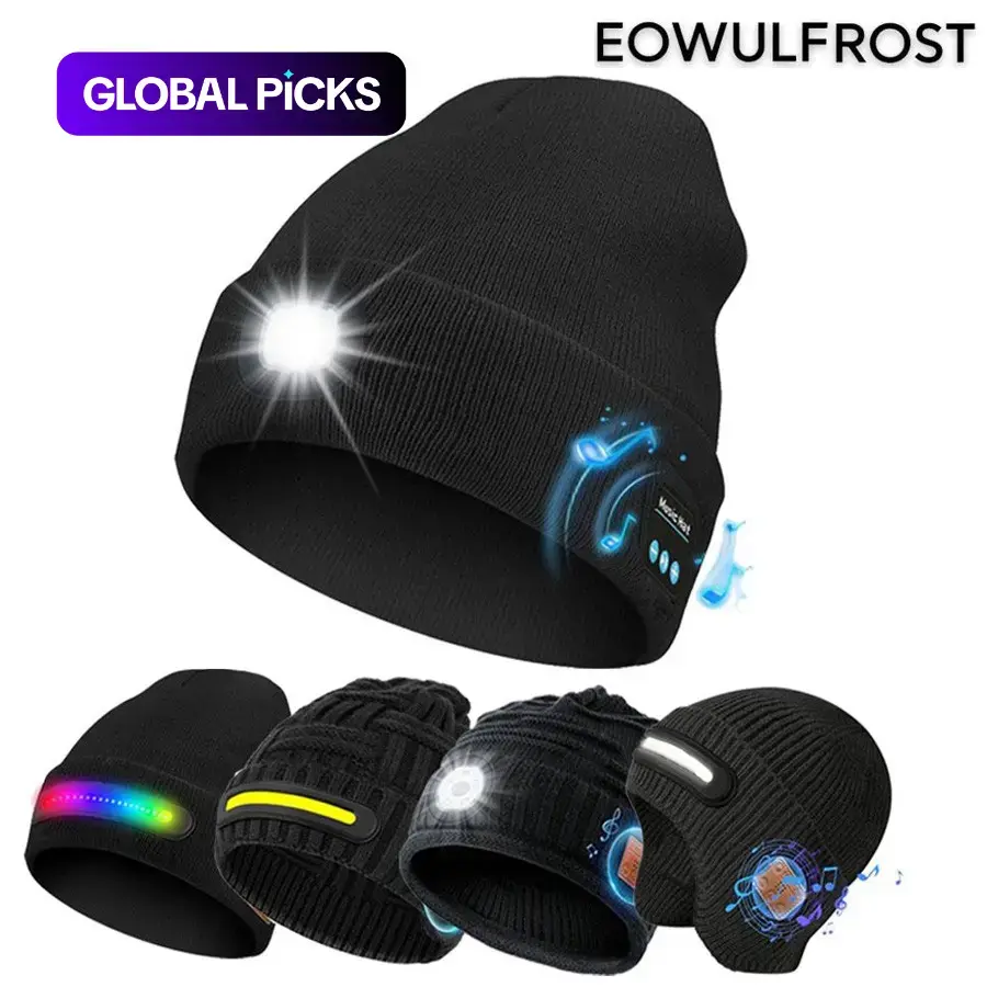 Wireless Beanie Hat with Light Headlamp Cap Comes with Headphones and Speaker Mic, Gifts for Men Women, Headphone for Travel Wireless Headset Audio #GLOBAL PICKS