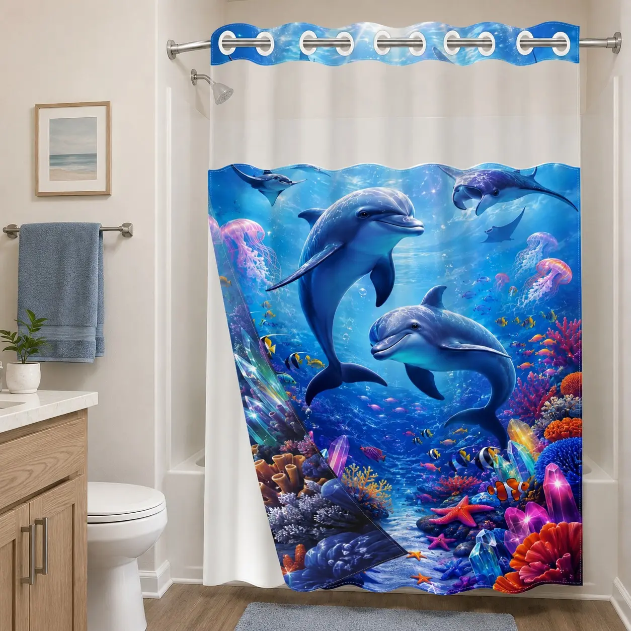 1 Pc Hookless Double Layer Decorative Shower Curtain, Underwater World Dolphin Print, Machine Washable Waterproof Mildew Resistant Fabric, Ocean Vibe Home Bathroom Decor, Removable Snap-in Liner, Top See-Through Curtain, Bathroom Divider - 71"×74"