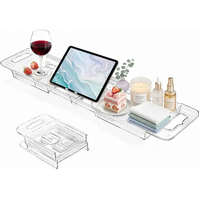 Expandable Bathtub Tray Caddy Clear Foldable Bath Table for Tub Relaxing Reading Drinks Self Care Bathroom Accessories Gift for Women Anniversary Wedding Housewarming