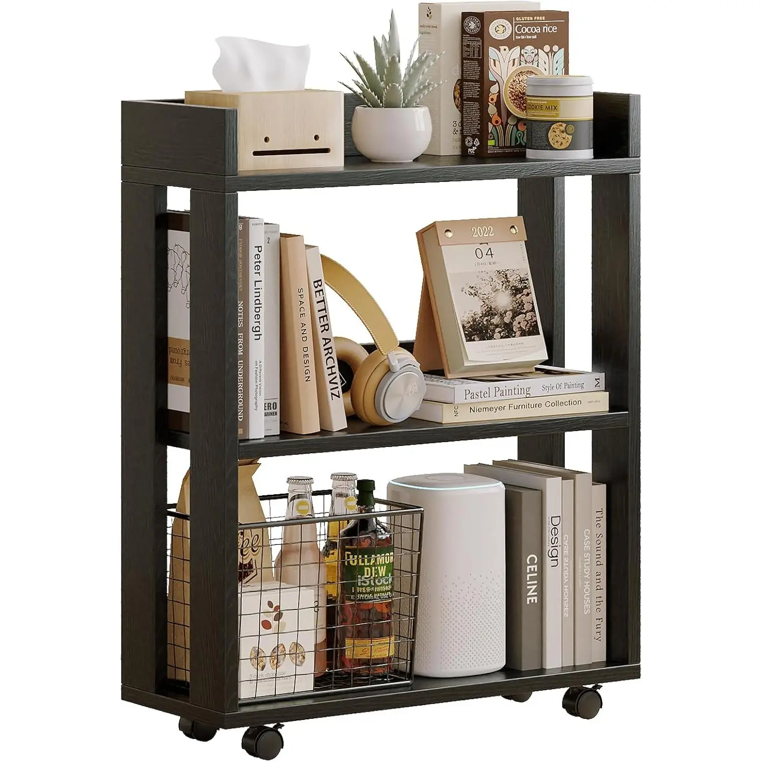 3-Tier Small Bookshelf with Wheels, Bedside Cart Library Cart | Rolling Bookcase for Small Space, Movable Standing Storage Shelves for Living Room/Bedroom/Office, Black