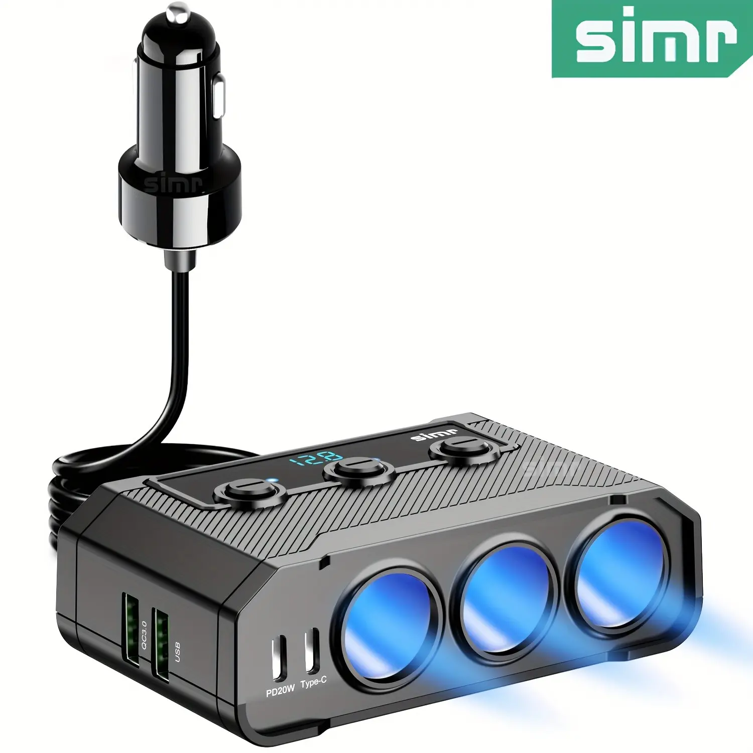 Simr Cigarette Lighter Plug Splitter, 7-In-1 Fast Charging Car Charger Adapter, Car Outlet Adapter, 3 Sockets, Type-C & Qc3.0, Pd20w, 2 USB Ports, 120w Switches, LED Indicator