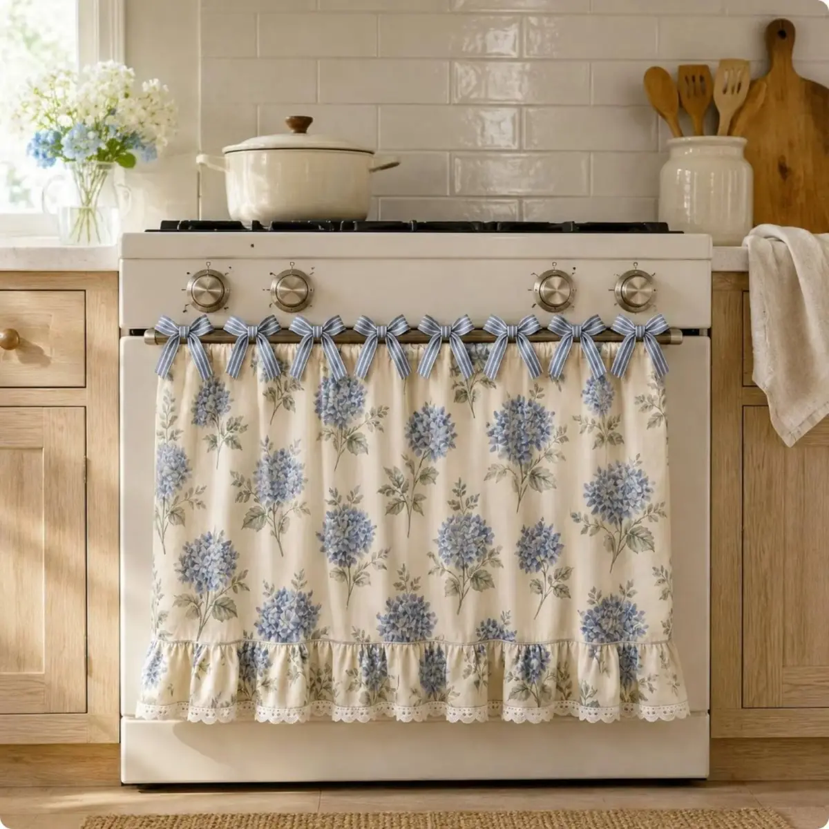 Farmhouse Oven Skirt Floral Print Oven Door Curtain Decorative Oven Curtain Cotton Blend Oven Skirt Handmade Look for Kitchen