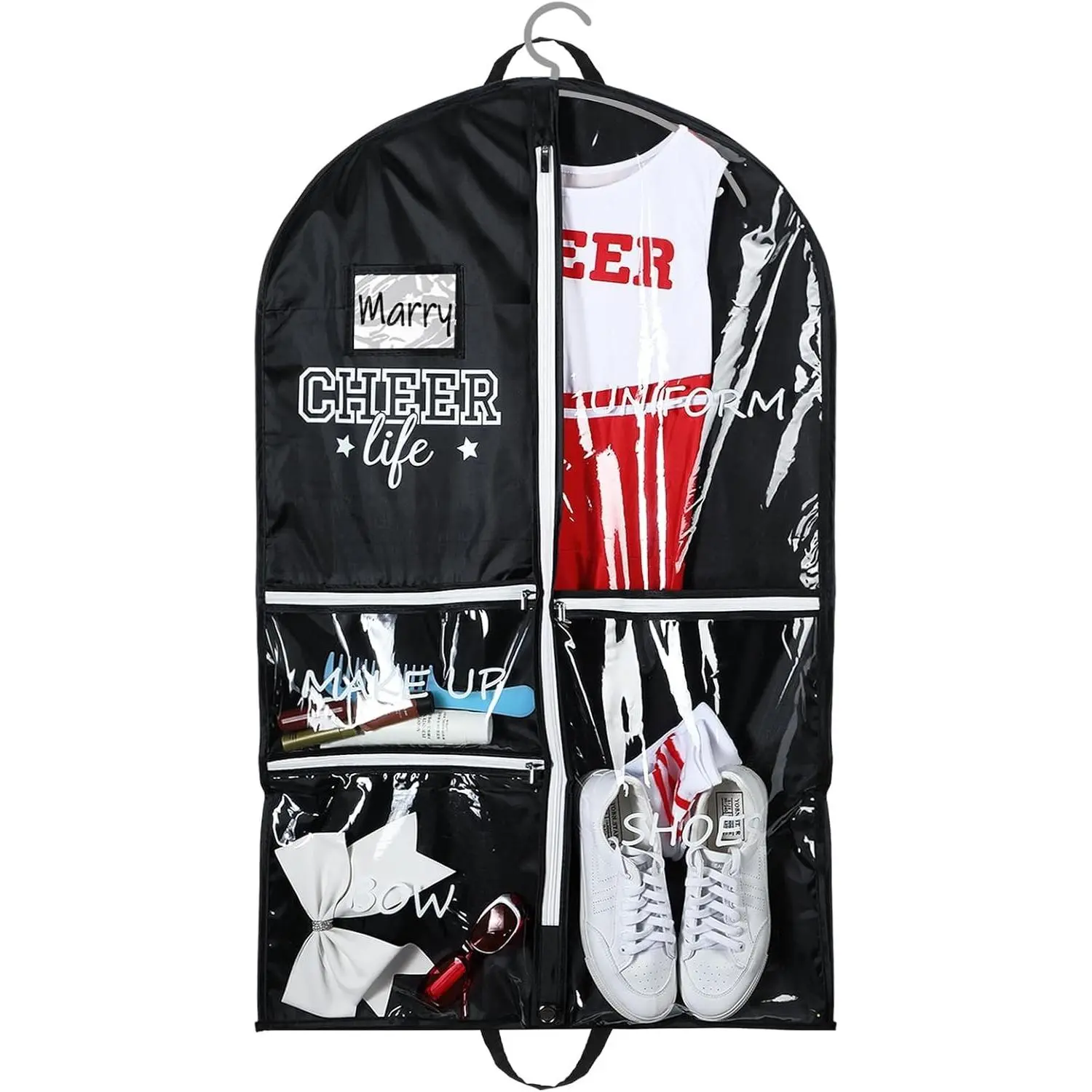 Cheer Garment Bags for Cheerleading Uniform For Cheer Mom Waterproof Hanging Garment Bag for Dance Costumes 40 Inch Clothes Bag with 5 Pocket Travel Side Zip Storage Uniform Black White