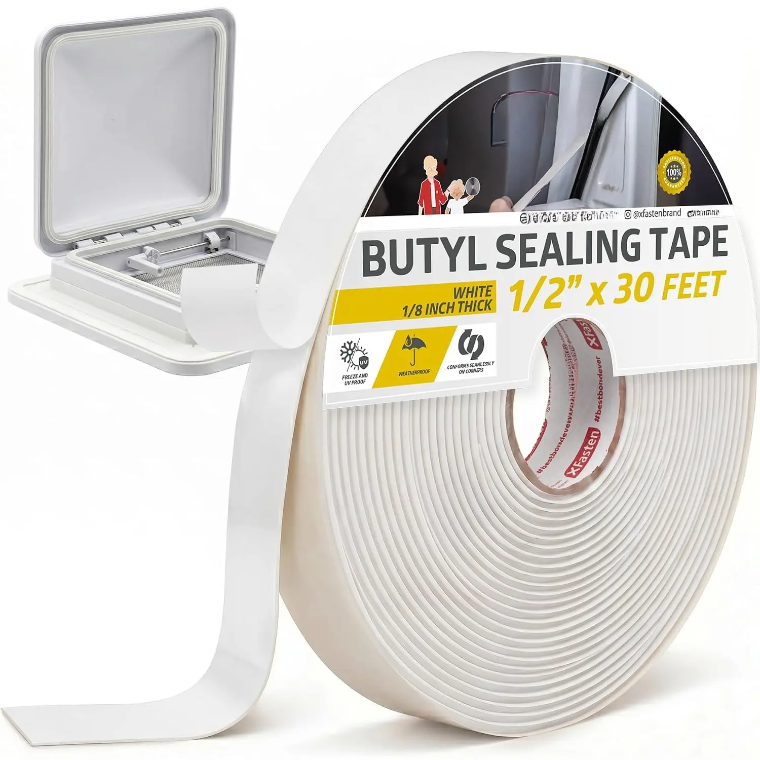 Butyl Tape White, 1/2 in x 30 ft x 1/8 in – Easy-to-Work-with Automotive Butyl Sealant Tape, Mess-Free Rubber Caulk for RV, EPDM Putty for Window, Headlight, Roof, Windshield, and  Doors