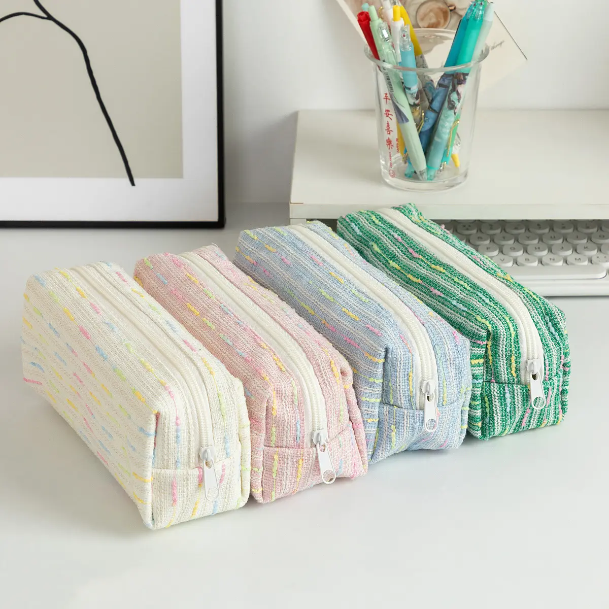 Tweed Mesh Pencil Case for Teens Girls, Pastel Aesthetic Large Capacity Stationery Organizer, Zippered Pouch for Back to School, Mesh Tweed, Large Capacity Bag, Stationary Org.