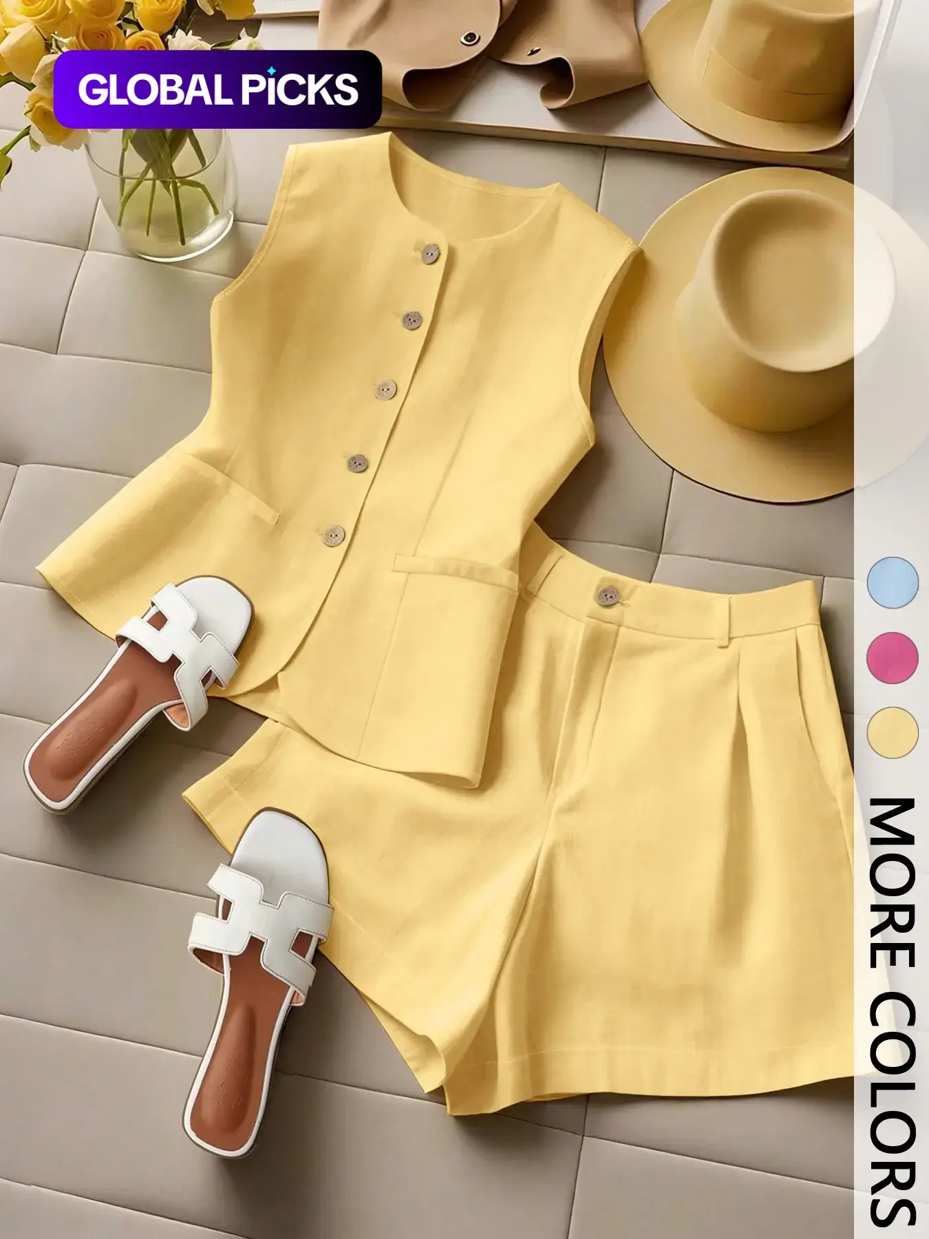 Women's Button Front Sleeveless Top & Shorts Set, Casual Comfortable Two-Piece Set, Fashion Chic Matching Vacation Ensemble #GLOBAL PICKS