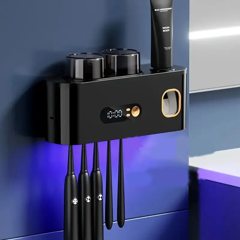 Toothbrush Holders for Bathrooms, UV Toothbrush Sanitizer and Holder Smart Home Bathroom Accessories, 2 Cups Electric Toothbrush Holder Wall Mounted with Toothpaste Dispenser Bathroom Decor