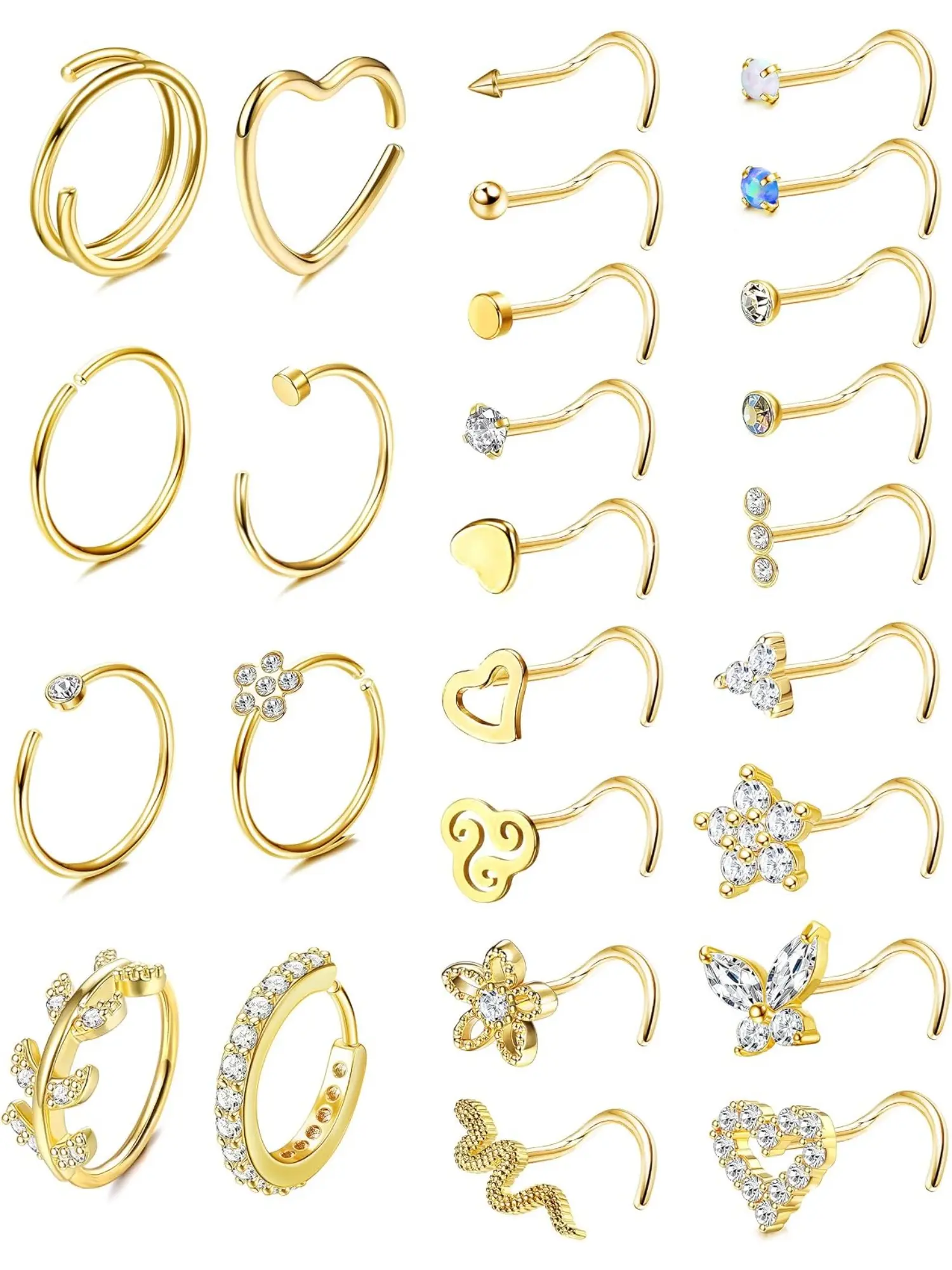 26Pcs Unisex 20G Surgical Steel Nose Piercing Bundle, Gold Silver Shiny CZ Butterfly Snake Nose Studs & Septum Rings Nose Ring Jewelry For Men Women