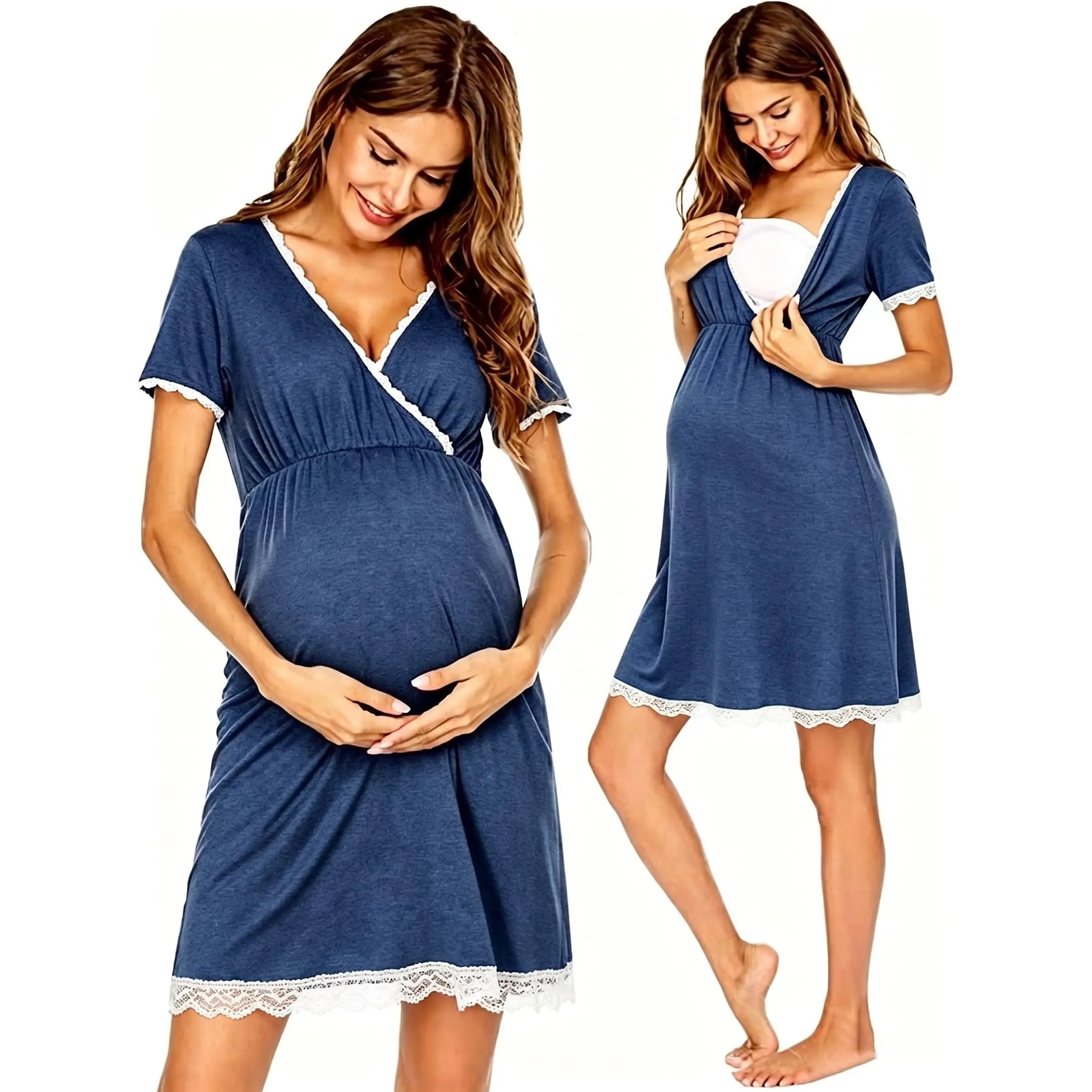Women's Maternity 2-Piece Pajama Set - Solid V-Neck Short-Sleeve Top, Slim-Fit Pants, Summer Modest Maternity Sleepwear