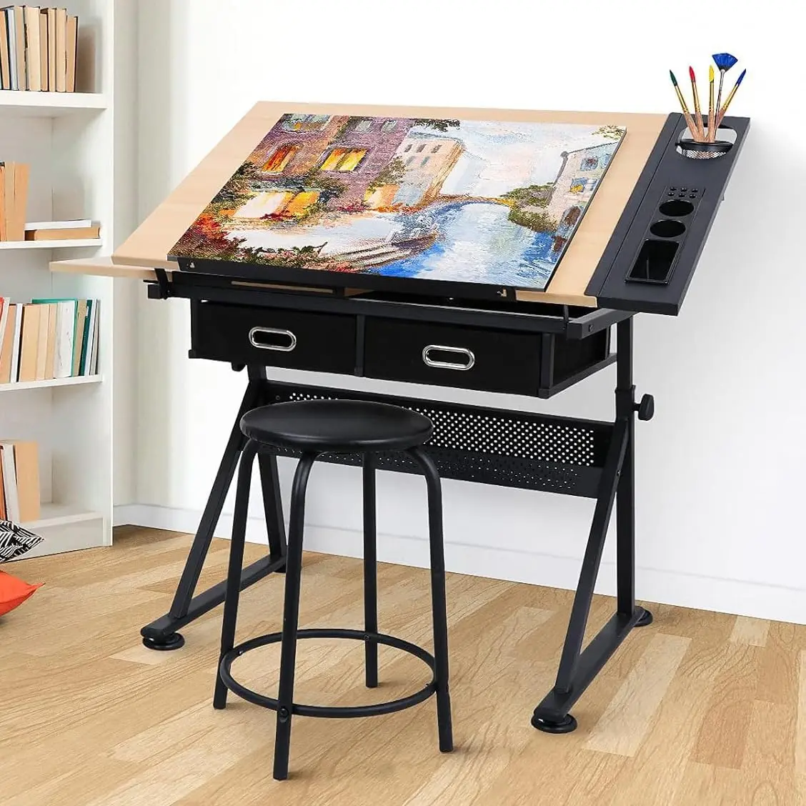 Height Adjustable Drafting Table with 0-75 Degree Tilting Tabletop, Drawing Desk with 2 Storage Drawers & Stool, Artist Desk for Adults, Watercolor Painting, Home Office