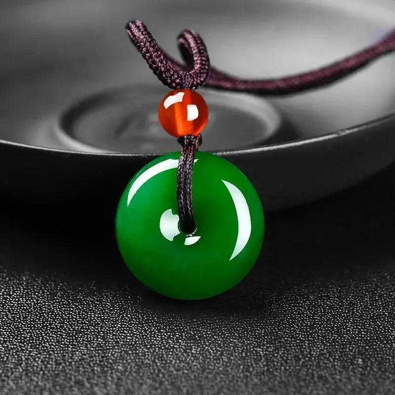 Hand-Carved Jade Natural Green Jadeite Safety Buckle Pendant Necklace, 25mm Charm Amulet Jewelry Gift for Men and Women