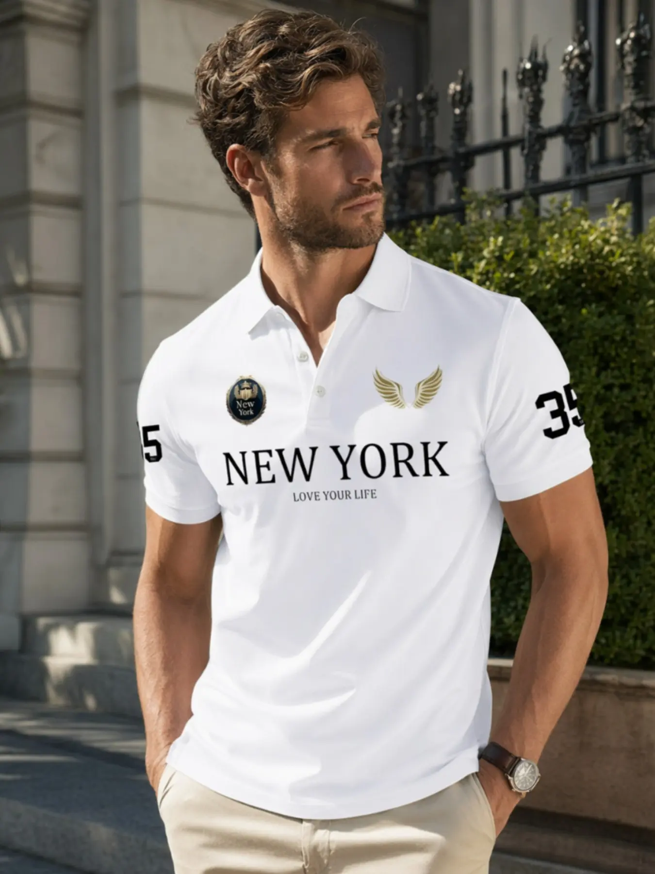 New York Letter Wing Print Polo Shirt, American Collar Men's Short Sleeve, Classic Casual Loose-Fitting, Spring & Fall Fashion